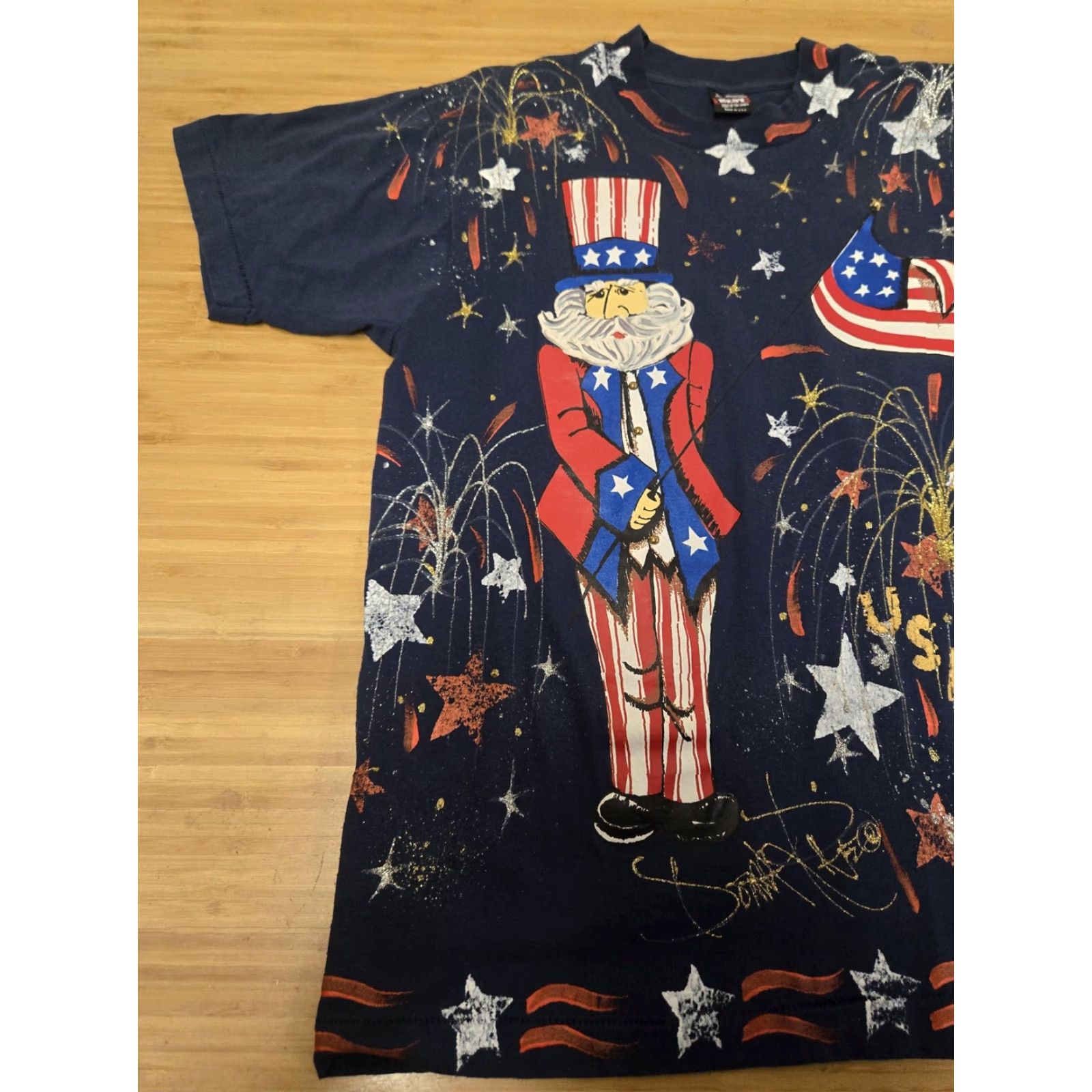 Fruit Of The Loom VINTAGE Uncle Sam Graphic Shirt Mens Large Blue USA Fireworks 4th July 90s Size US L / EU 52-54 / 3 - 3 Thumbnail