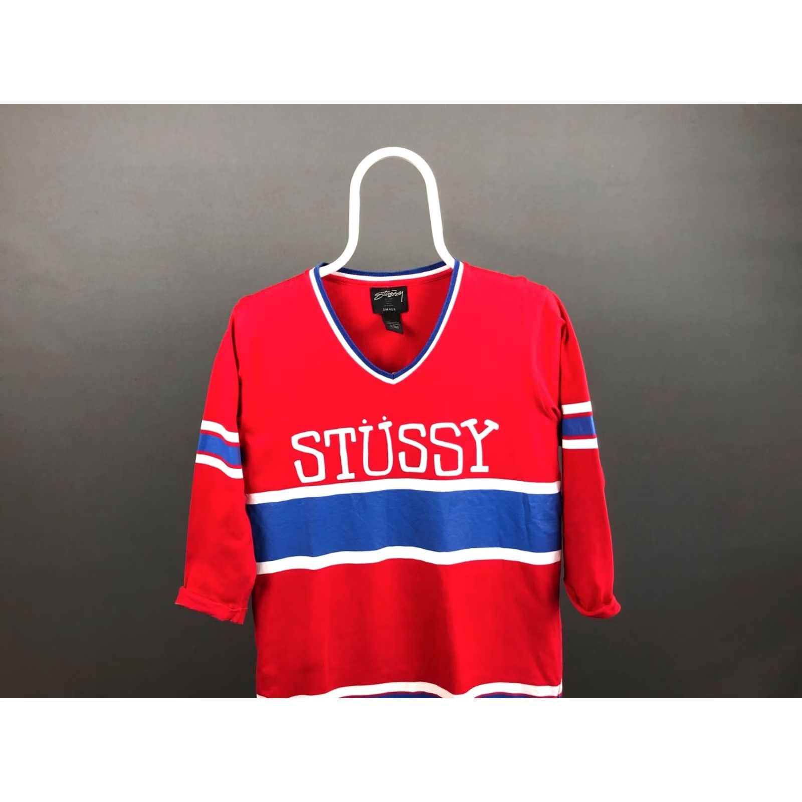 Vintage Stussy Men's T-Shirt S Red Cotton Striped 3/4 Sleeve Long Tee Shirt Jersey Logo Printed Size US S / EU 44-46 / 1 - 4 Thumbnail
