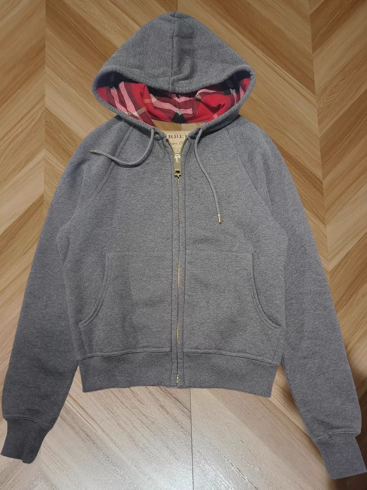 Burberry BURBERRY Gray Hooded Jacket XS Red Check Lining Size XS / US 0-2 / IT 36-38 - 1 Thumbnail