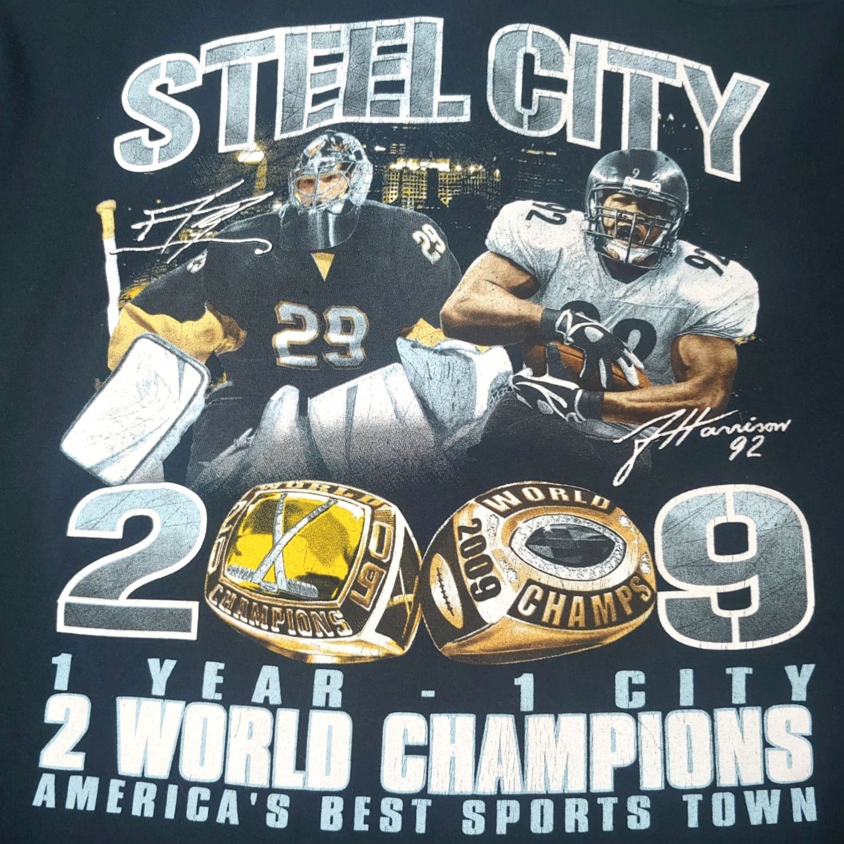 Gildan VINTAGE Steel City Pittsburgh 2009 2 World Champs Shirt XL Penguins Steelers Black Shirt Men XS? Size US XL / EU 56 / 4 - 2 Thumbnail
