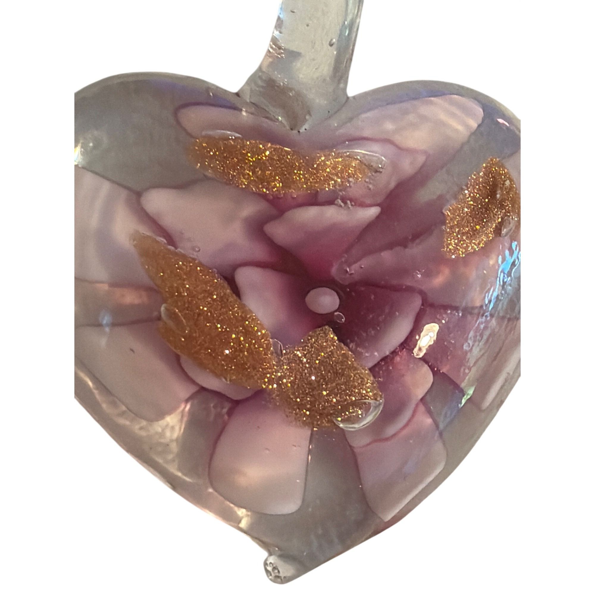 Other Glass Heart Pendant Pink Purple Flower Gold Glitter Accents Size ONE SIZE - 2 Thumbnail