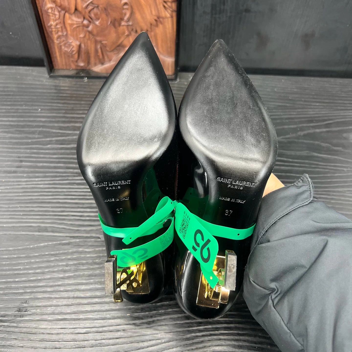 Saint Laurent Paris YSL Opyum Patent Black Gold Heels 37 Box Size US 6 / IT 36 - 8 Thumbnail