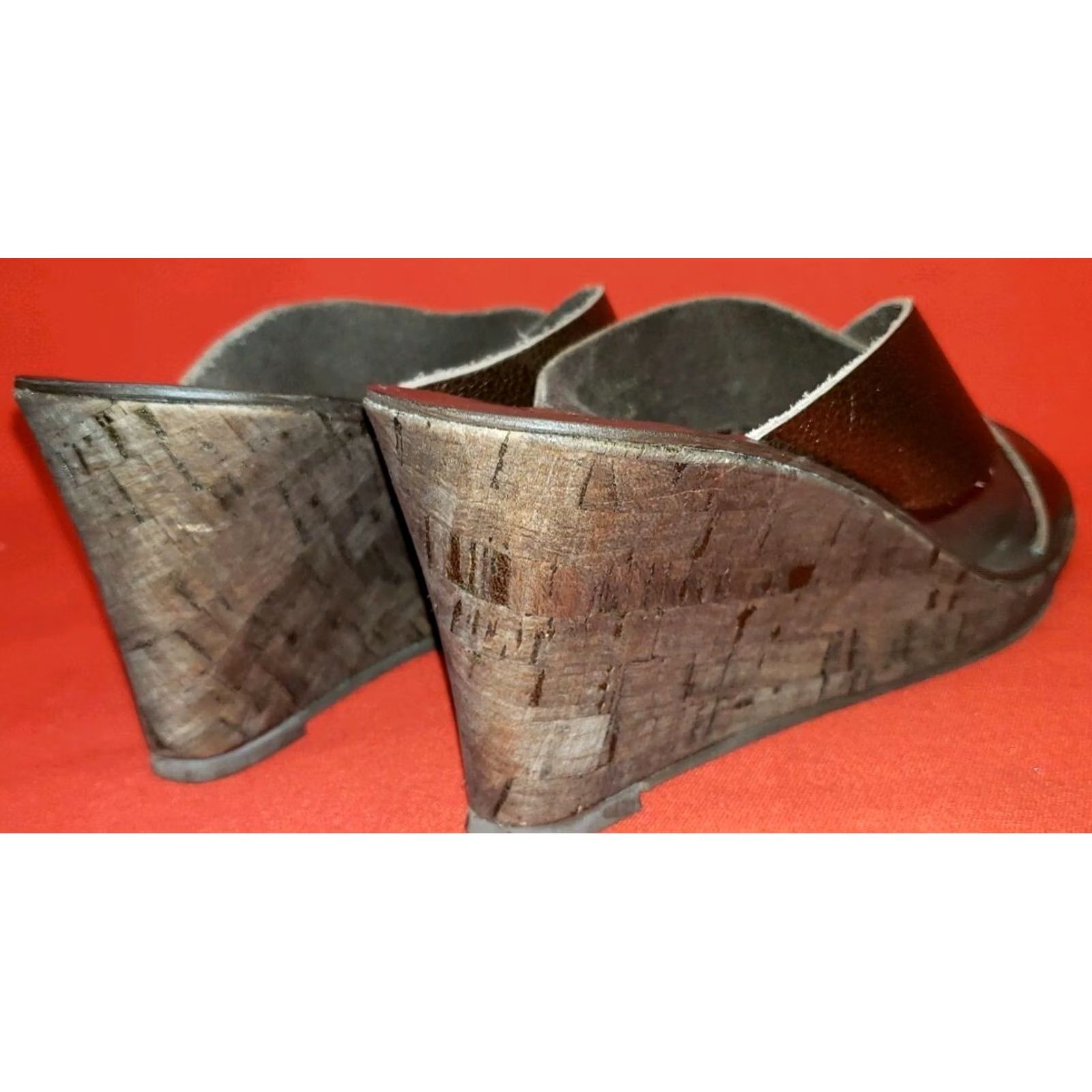 Vintage KORK-EASE Geena Women's Wedge Slide Sandals Slips-on Leather Bronze 8M High 3" Cork Size US 8 / IT 38 - 6 Thumbnail