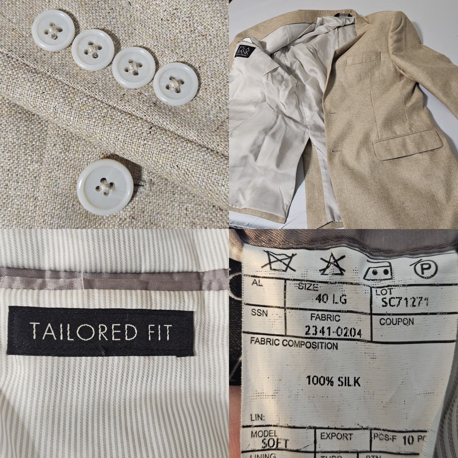 Jos. A. Bank JOS A. BANK Silk 40L Blazer Sport Coat Jacket Beige Tan Plaid 44 Chest Single-Breasted 2 Button Mens Jacket Size 40R - 8 Thumbnail