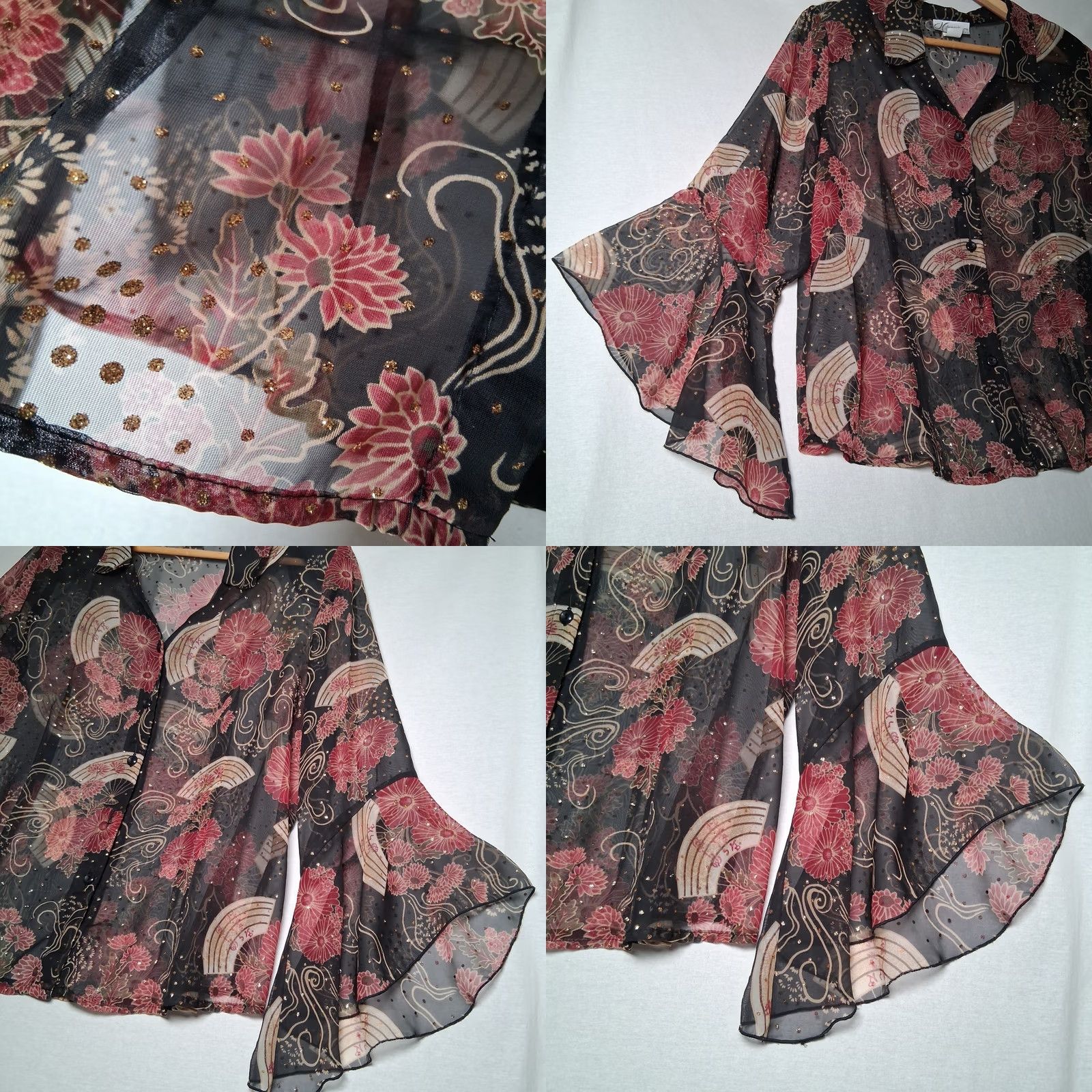 Vintage VINTAGE Dressbarn Blouse Plus Size 18/20 Sheer Black Metallic Gold Floral Bell Sleeve Size XXL / US 16-18 / IT 52-54 - 10 Thumbnail