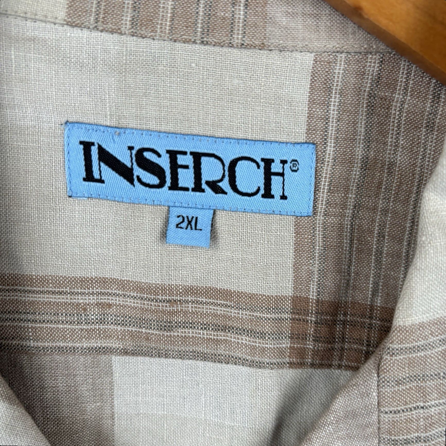 Vintage Inserch Camp Shirt Mens 2XL Beige Plaid 100% Linen Short Sleeve Button-Up Collared Beach Summer Men Regular Men’s Size US XXL / EU 58 / 5 - 4 Thumbnail