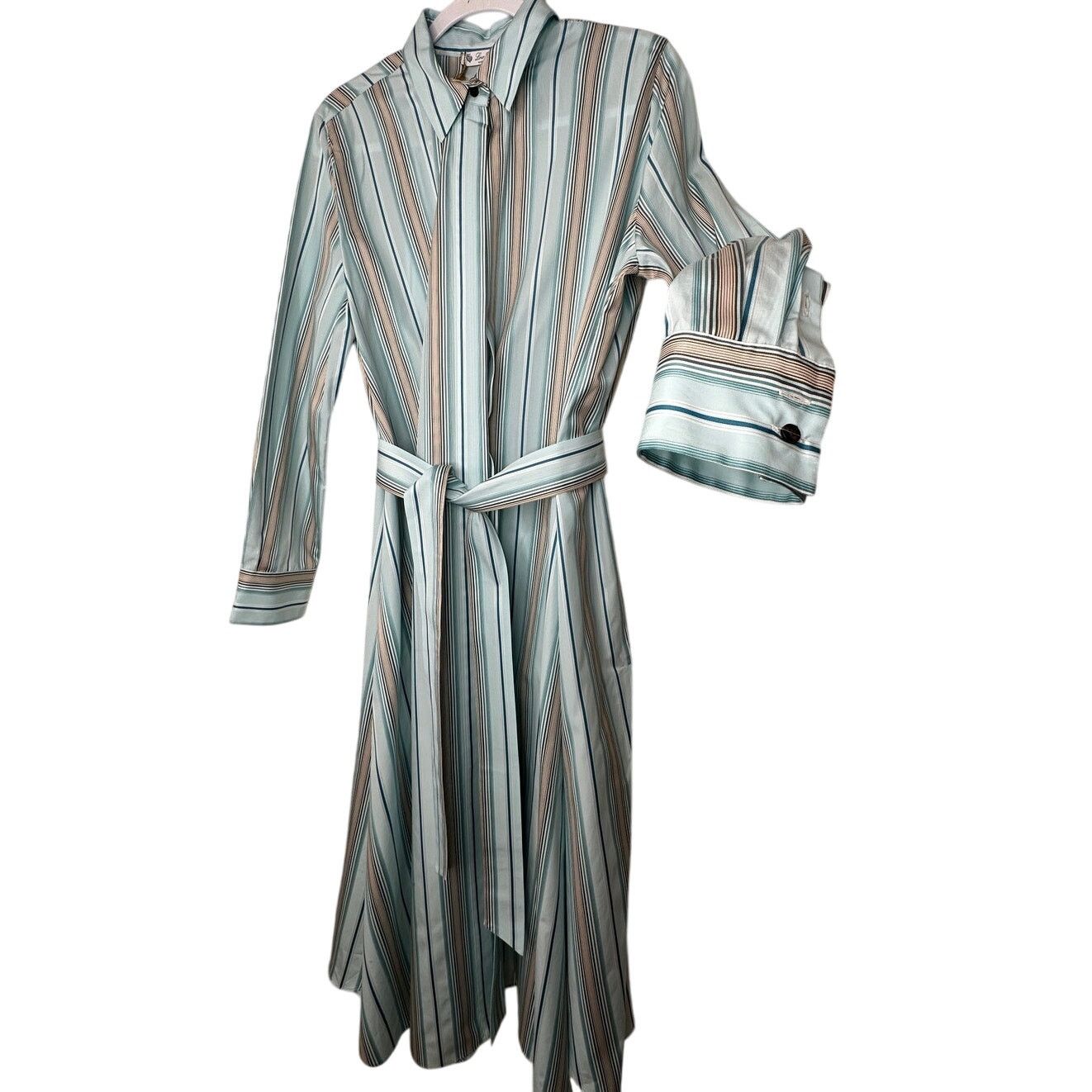 Loro Piana NWT Loro Piana Teal White Stripe Button Tie Sash Wrap Dress Size XL / US 12-14 / IT 48-50 - 1 Thumbnail