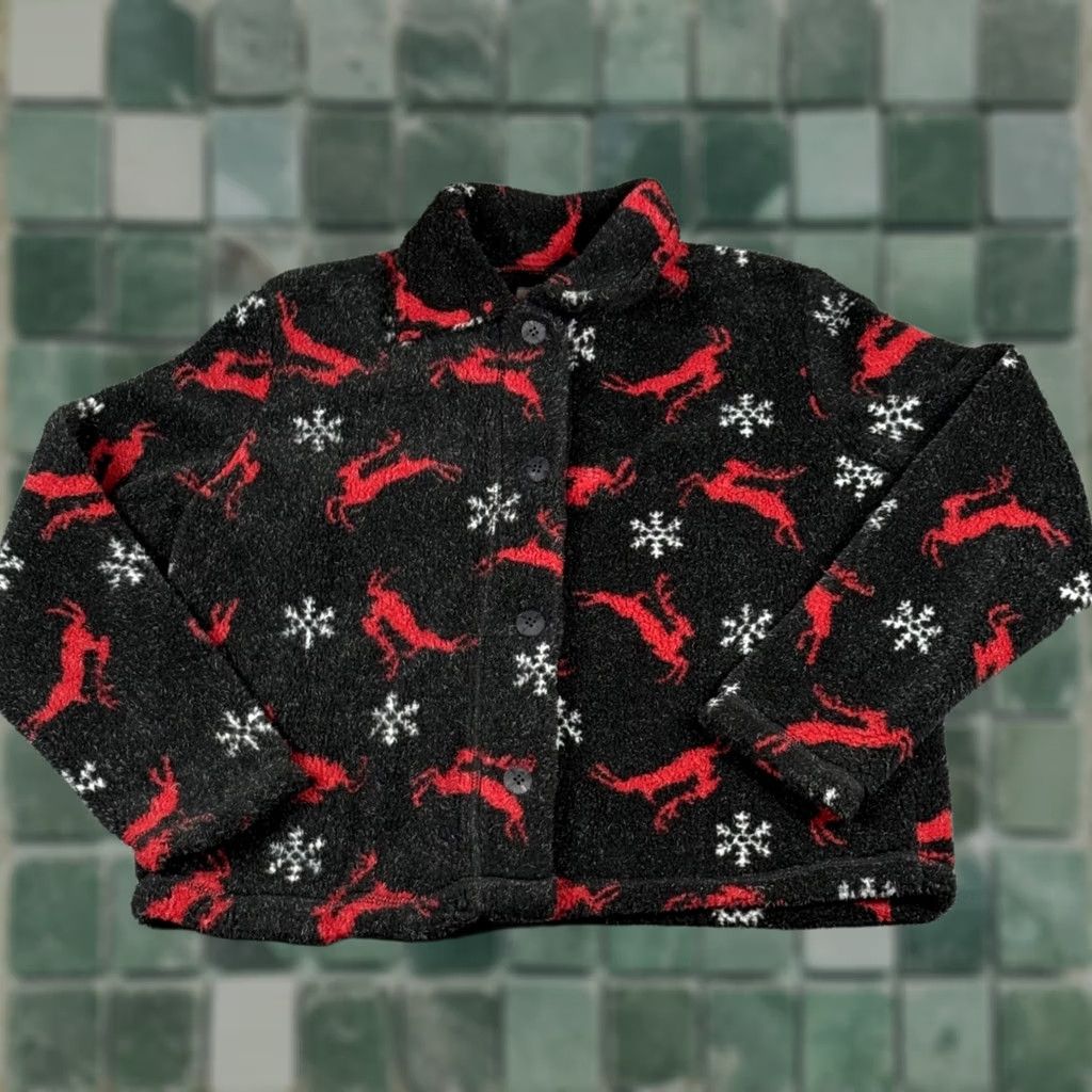 Vintage The Barrage Co. Christmas Fleece Button Jacket Women M Black Reindeer Snowflake Print Pattern Holiday Wear Casual Workwear Size M / US 6-8 / IT 42-44 - 1 Thumbnail