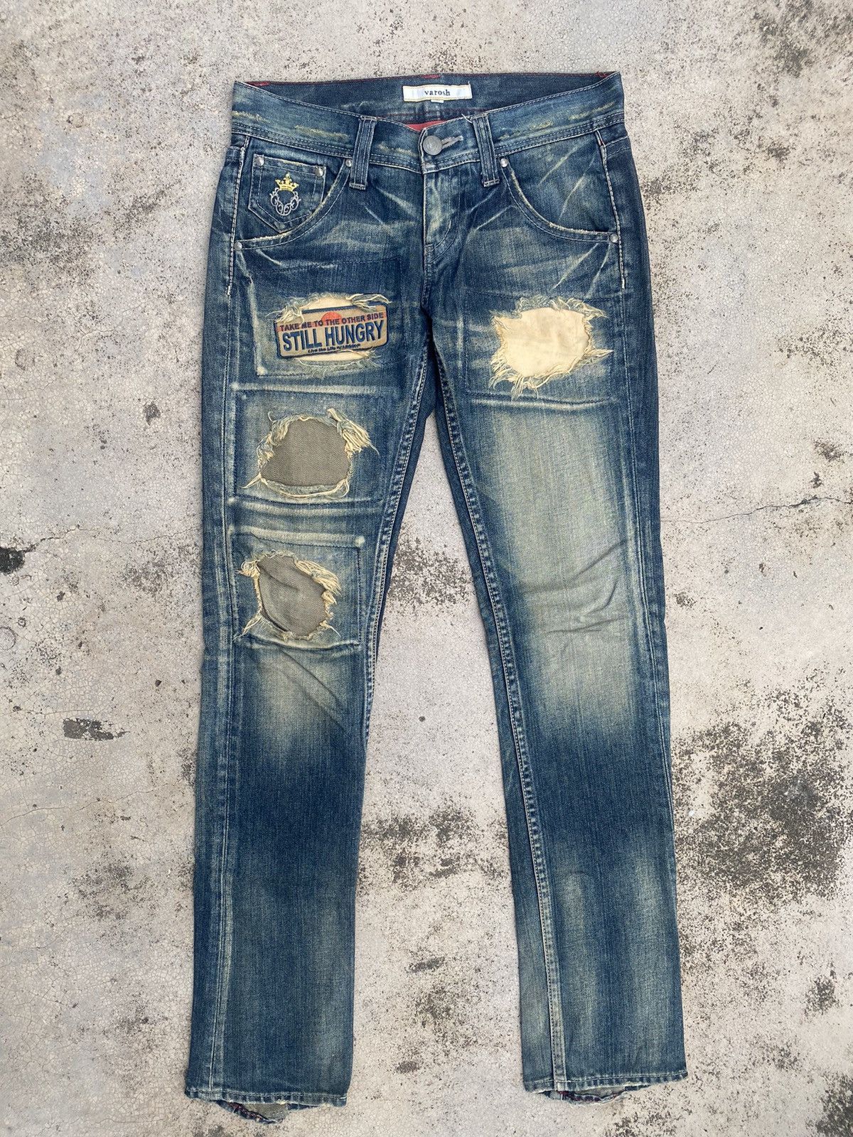 Japanese Brand Varosh Distressed Patch Faded Low Rise Jeans