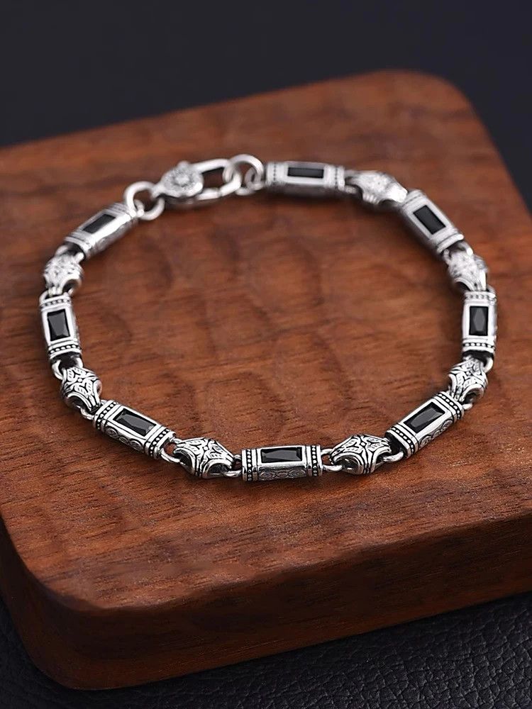 Jewelry x Vintage Silver Grass Pattern Bracelet Minimalist Style, Men's