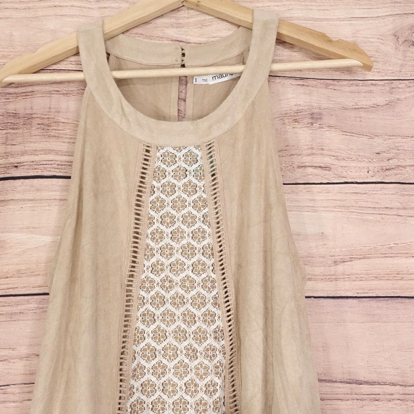 Vintage Maurices Tank Womens 1 Tan Lace Inset Crochet Hem Sleeveless Boho Size XS / US 0-2 / IT 36-38 - 2 Thumbnail