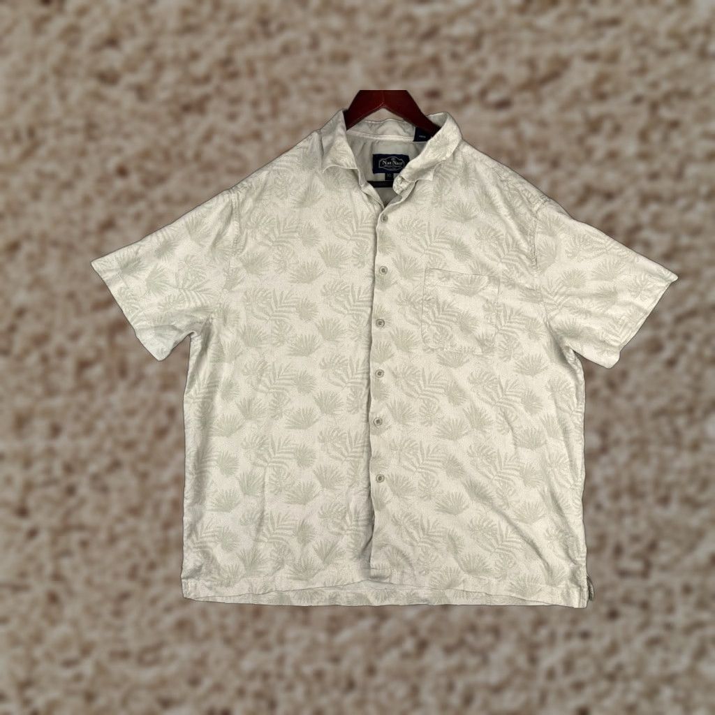 Nat Nast Nat Nast Shirt Mens XL Beige Green Palm Leaf Print Silk Blend Hawaiian Button-Up Casual Shirt Size US XL / EU 56 / 4 - 1 Thumbnail
