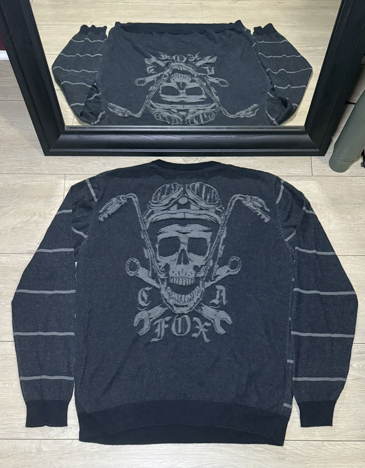 Fox Racing Y2K 2000s Fox Skull Striped Knitwear Pull Over Sweater Size US XL / EU 56 / 4 - 1 Thumbnail