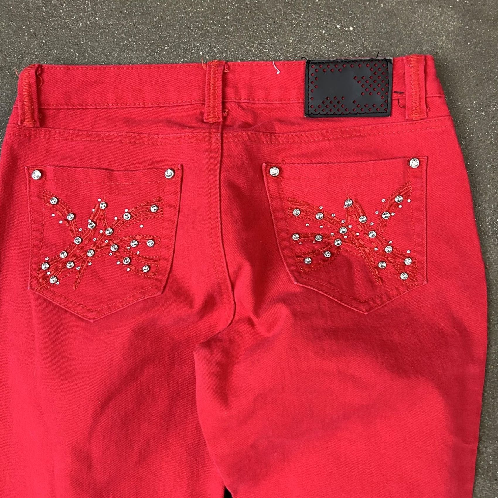 Denime Y2K Klip Jeans Womens 9 Red Mid Rise Skinny Stretch Denim Rhinestone Embroidered Embellished Size 30" / US 8 / IT 44 - 4 Thumbnail