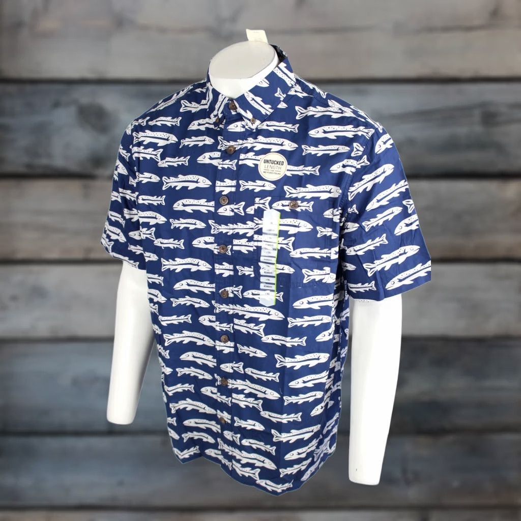 CO Duluth Trading Co Men's BBQ Relaxed Short Sleeve Button Shirt Large Tall Fish Blue Cotton 100% Button-Down Untucked Crewneck Casual Workwear 90s? Size US L / EU 52-54 / 3 - 1 Thumbnail