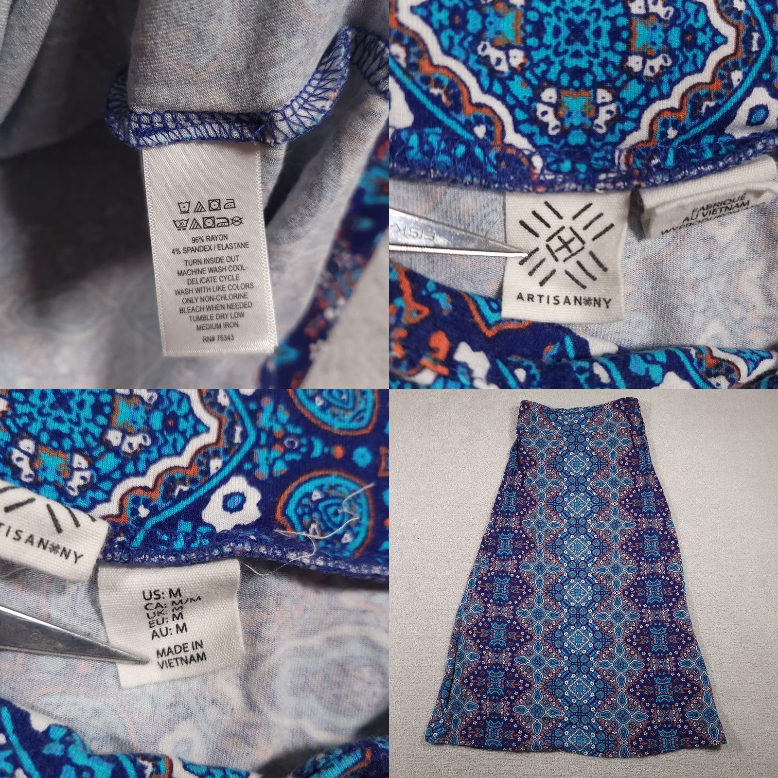 Vintage VINTAGE Artisans NY Skirt Womens M Blue Boho Maxi Stretch Geometric Pattern Rayon Size 32" / US 10 / IT 46 - 8 Thumbnail