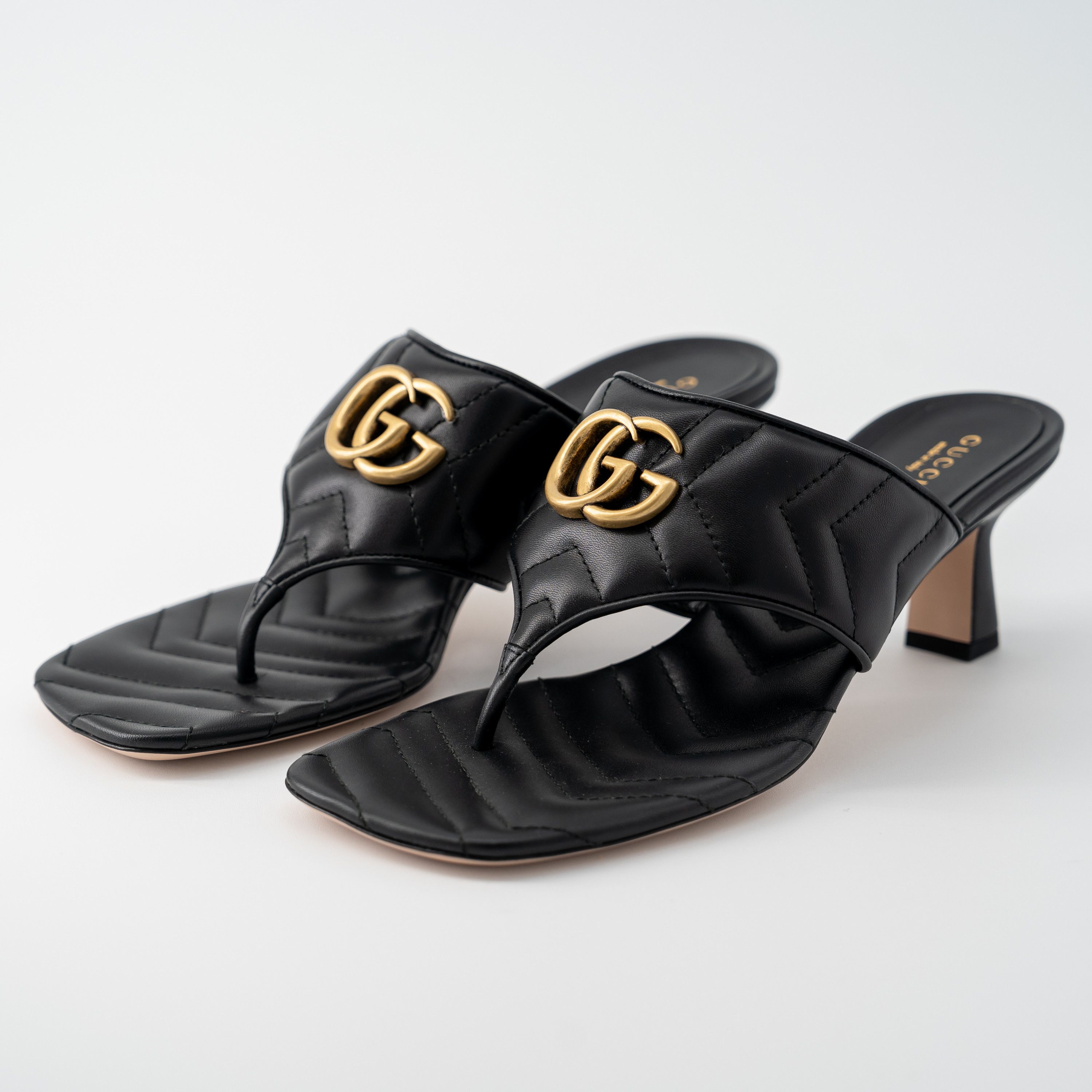 39G - Gucci Marmont Sandals GG Leather Thong Heel Shoes Black, Women's