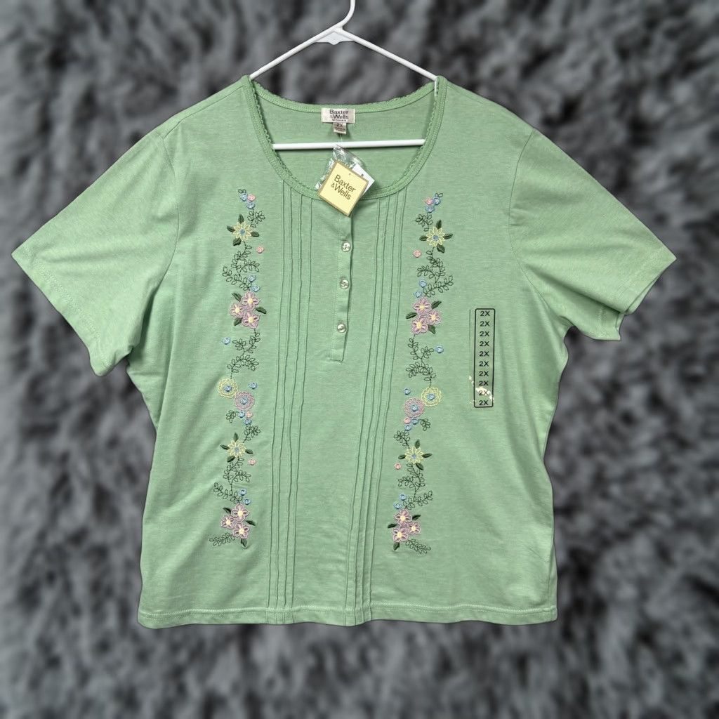 Vintage Baxter & Wells Blouse Womens 2X Plus Green Embroidered Floral Cottagecore Y2K Shirt Adult 2X Size XXL / US 16-18 / IT 52-54 - 1 Thumbnail