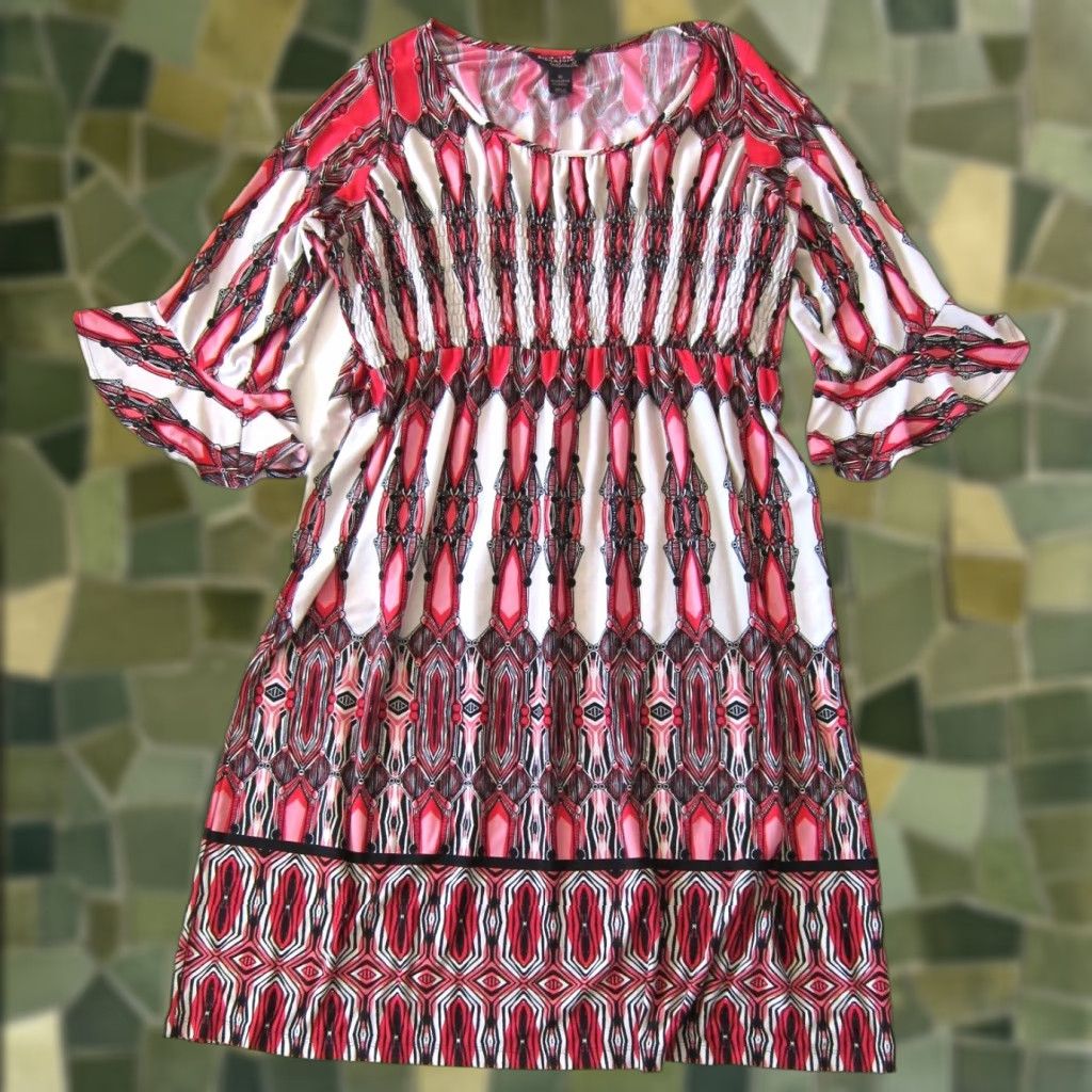 Vintage VINTAGE Robbie Bee Dress 1X Midi Empire Pink Black 3/4 Flare Sleeve Geometric Pattern Women Size XL / US 12-14 / IT 48-50 - 1 Thumbnail