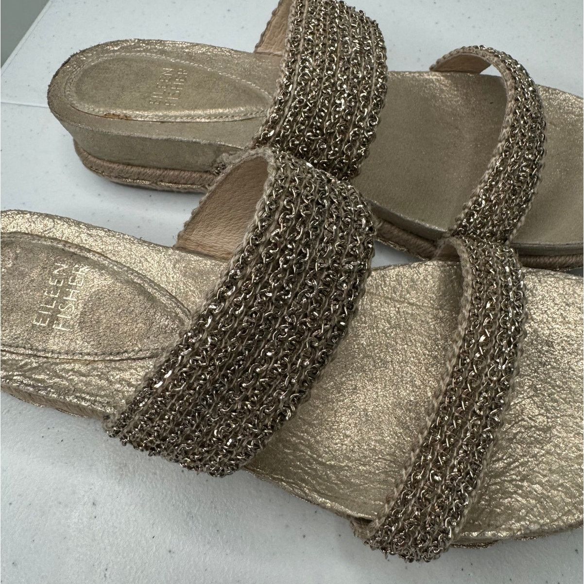 Eileen Fisher Eileen Fisher Fresh Platinum/Gold Metallic Jute Sandals Size US 9 / IT 39 - 5 Thumbnail