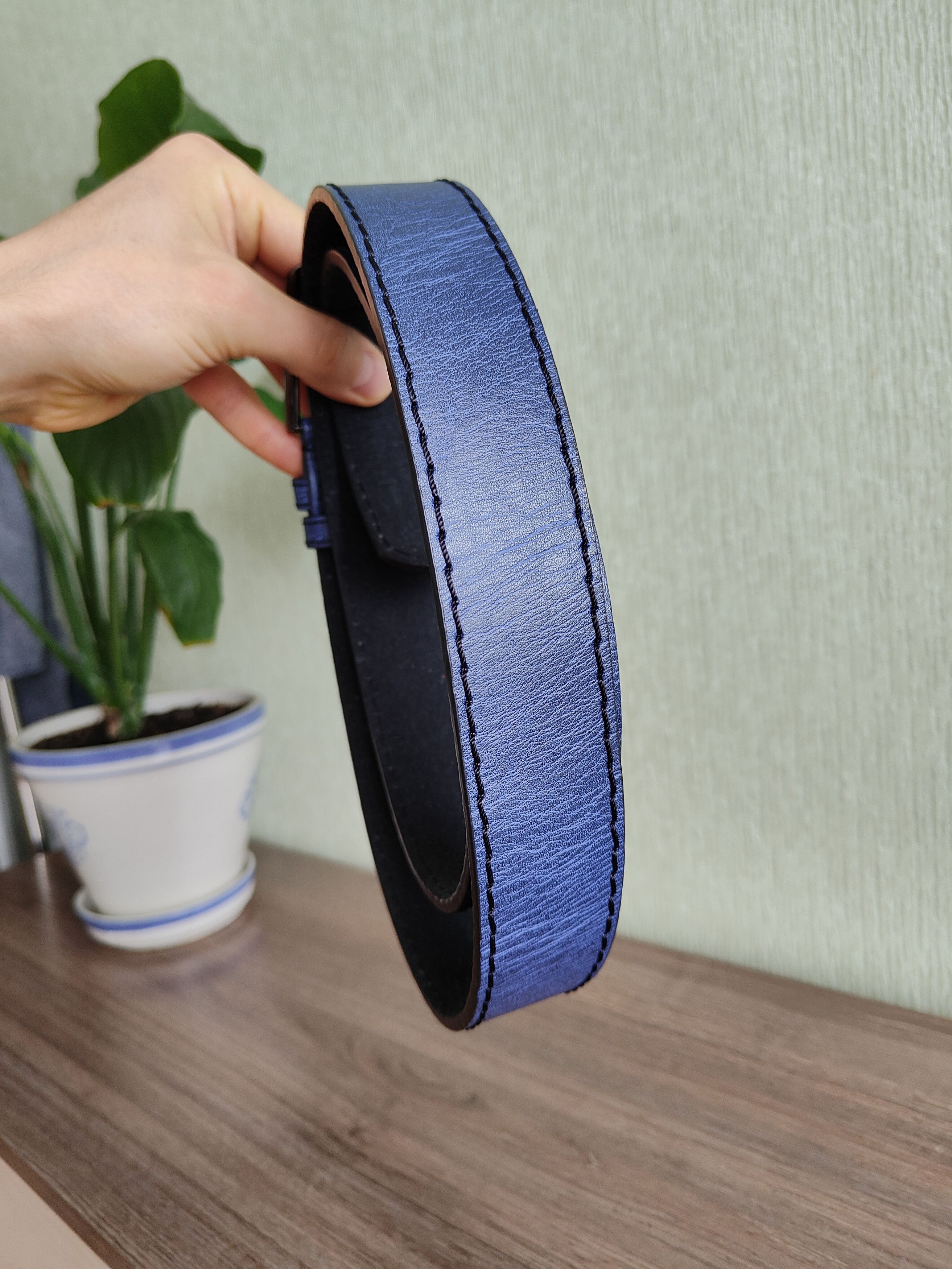 Genuine Leather Men's Leather Belt Blue Nova Check Leather Belt Size ONE SIZE - 2 Thumbnail
