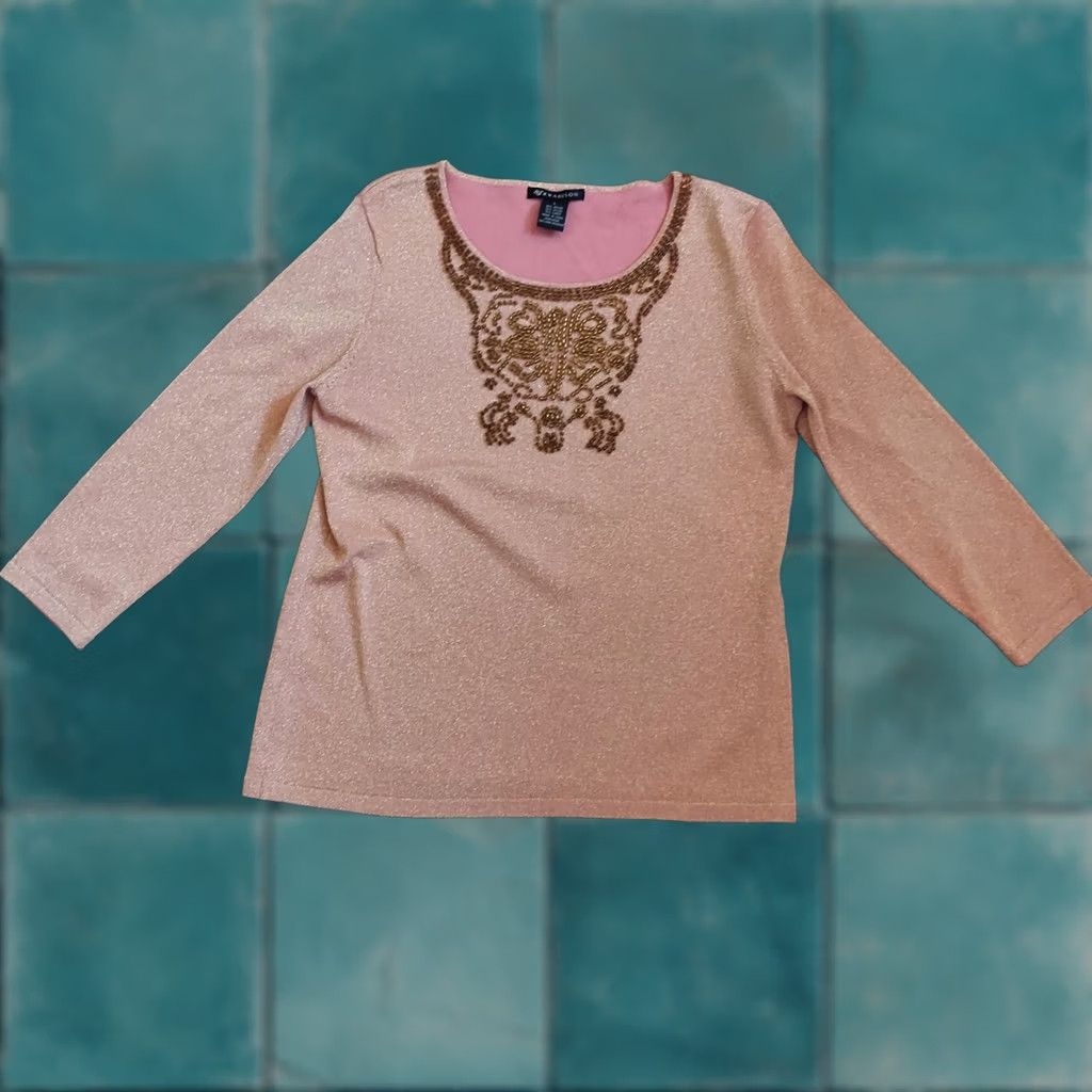 Madison Madison Blouse Shirt Pink Glitter Studded Bead Round Neck Long Sleeve Women's L Size L / US 10 / IT 46 - 1 Thumbnail