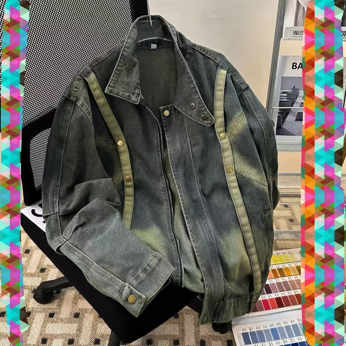 Vintage Olive Washed Denim Jacket with Contrast Stripe Details Size US M / EU 48-50 / 2 - 1 Thumbnail