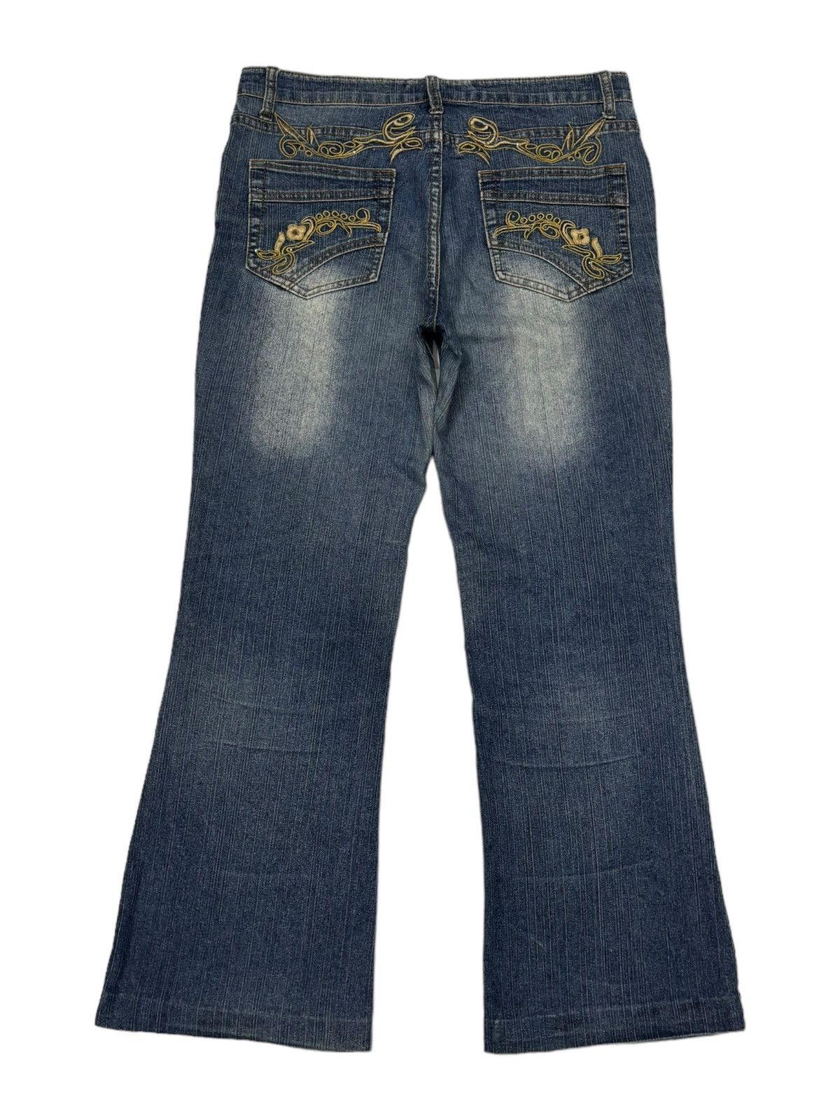 image of Haphazard Jeans Distress Bootcut Flared Denim Jeans in Blue, Women's (Size 32)