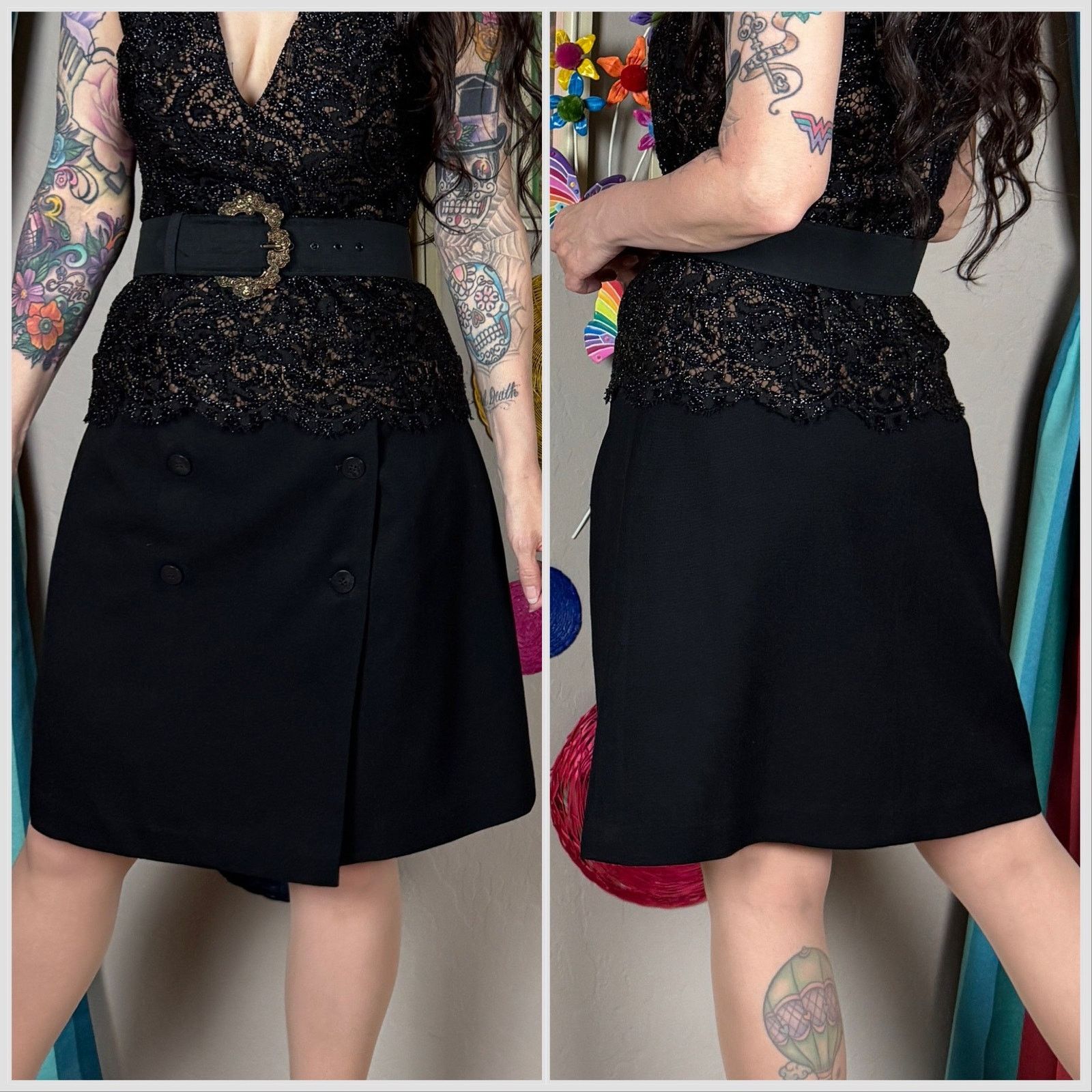 Vintage Vintage 1990s Black Wool Button Front Mini Wrap Skirt Size 28" / US 6 / IT 42 - 3 Thumbnail
