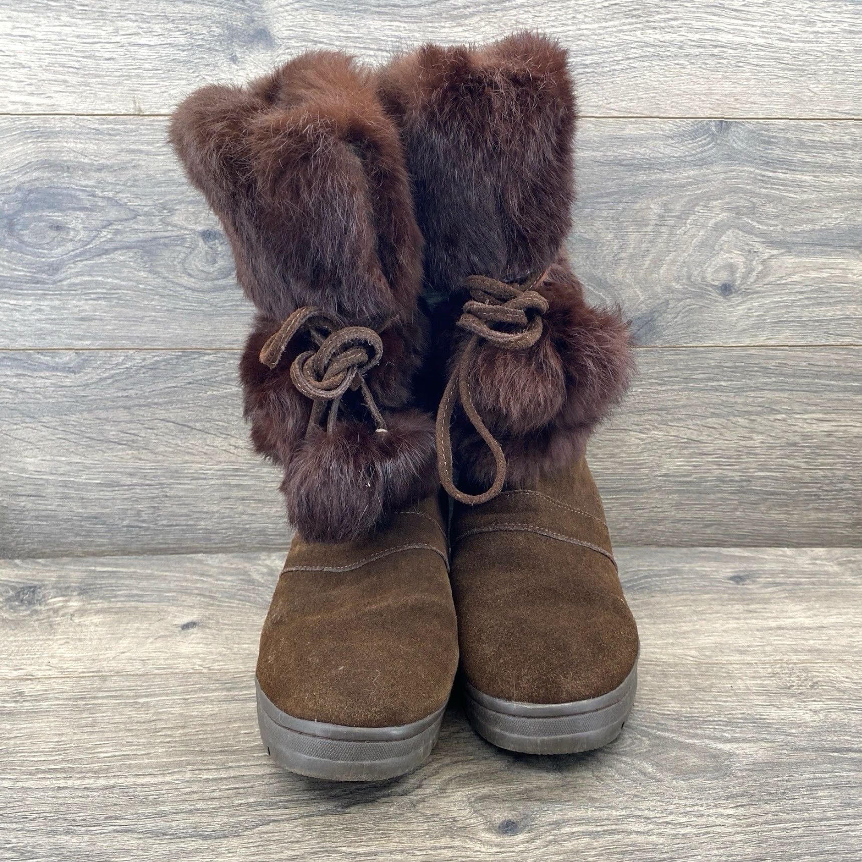 VINTAGE Minnetonka Women's Boot Brown Faux Fur Suede Bootie Size 8 Mid-Calf Warm Cozy Boots Womens