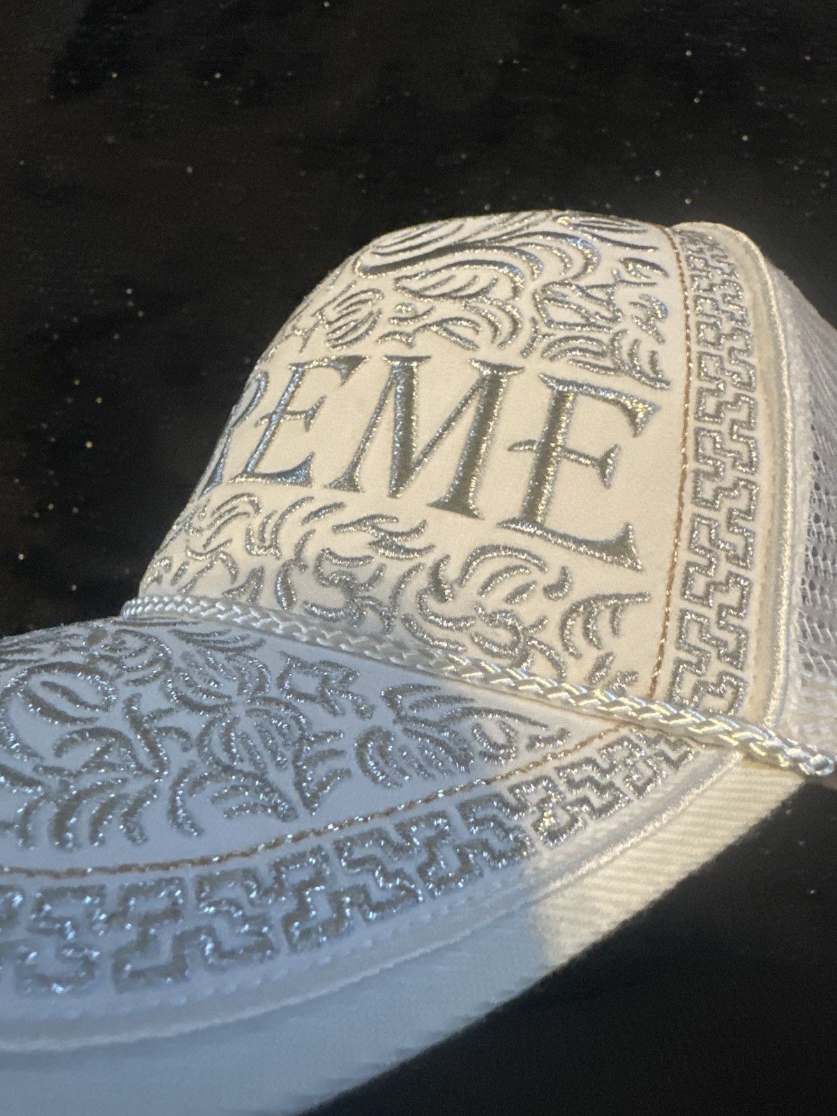 Supreme white silver trucker hat