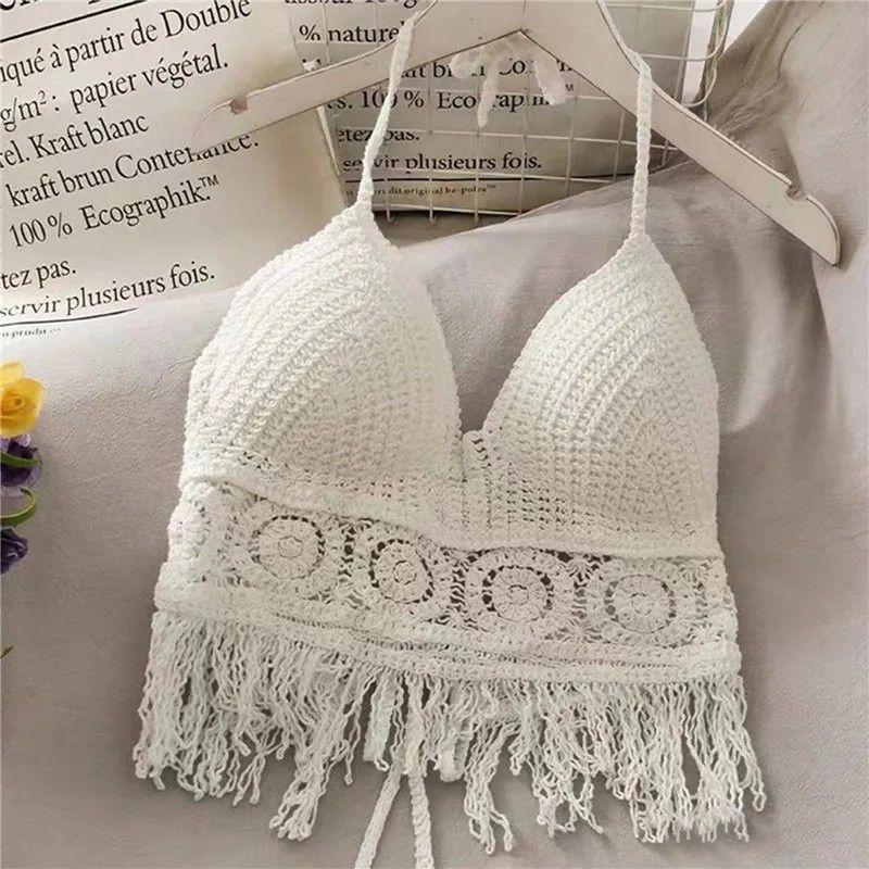 Other White Handmade Crochet Lace Halter Bralette Top, Crop Top Size ONE SIZE - 6 Thumbnail