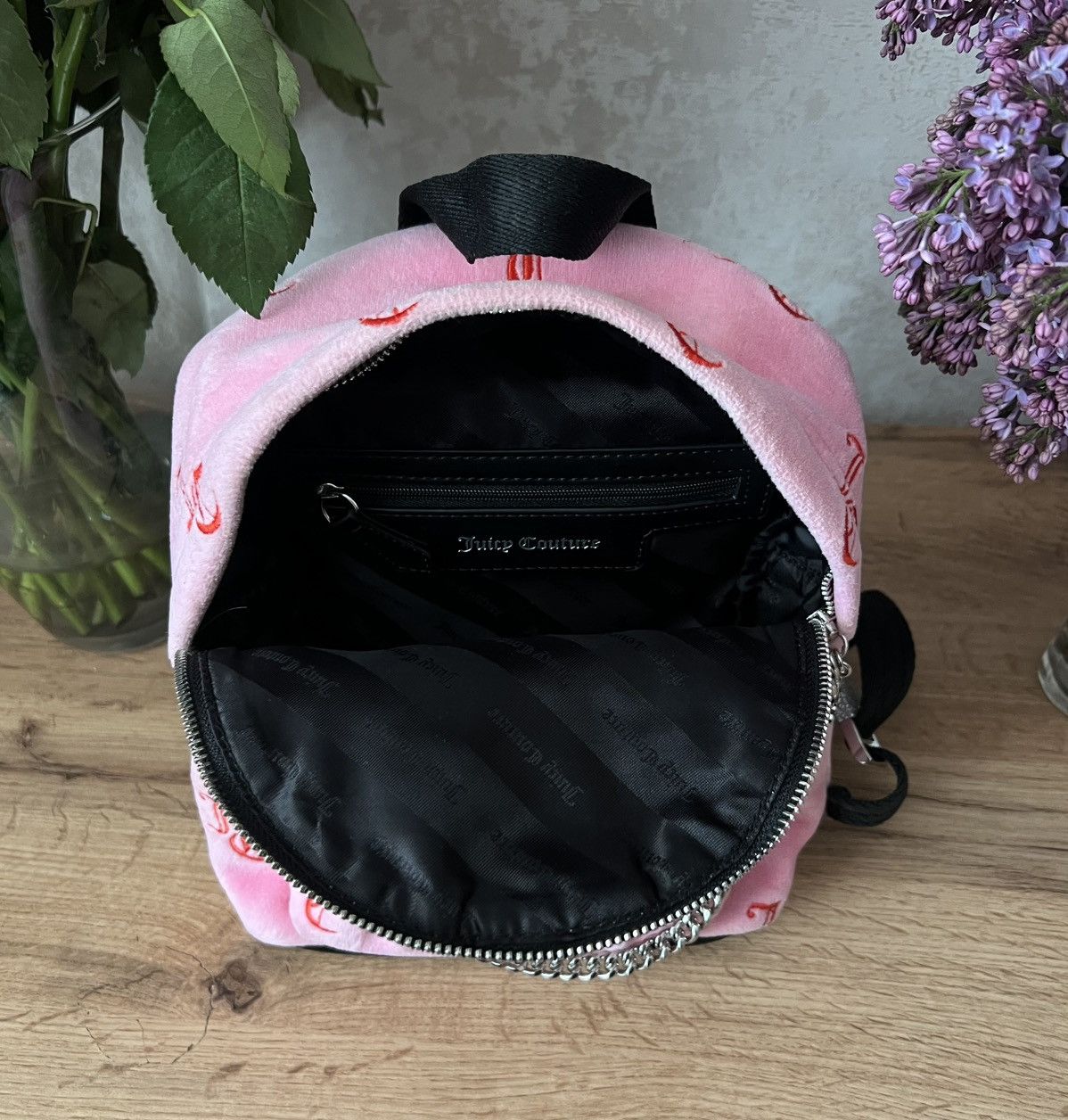 Juicy Couture Juicy Couture Monogram Pink Velour Backpack Size ONE SIZE - 7 Thumbnail