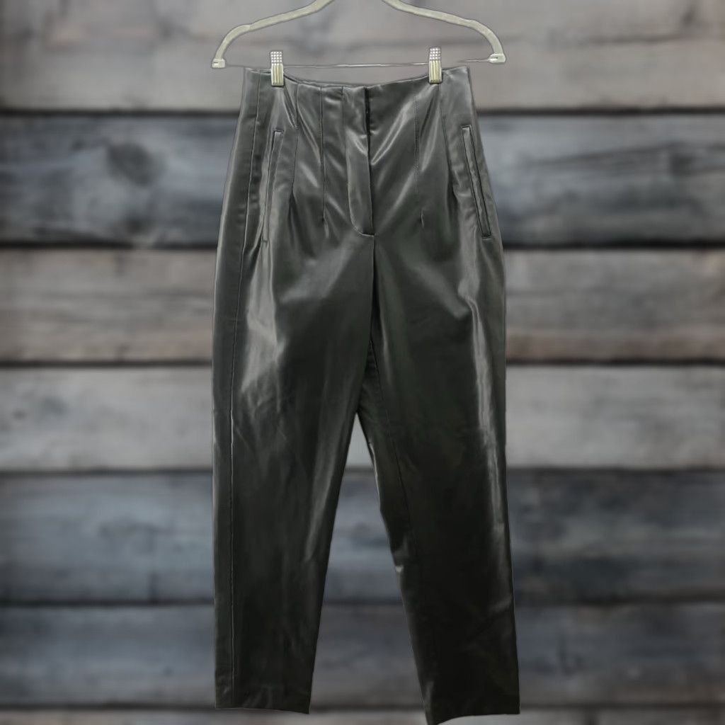 Zara Zara Womens S High Waisted Faux Leather Pants Black Tapered Leg Pleated Front Size 28" / US 6 / IT 42 - 1 Thumbnail