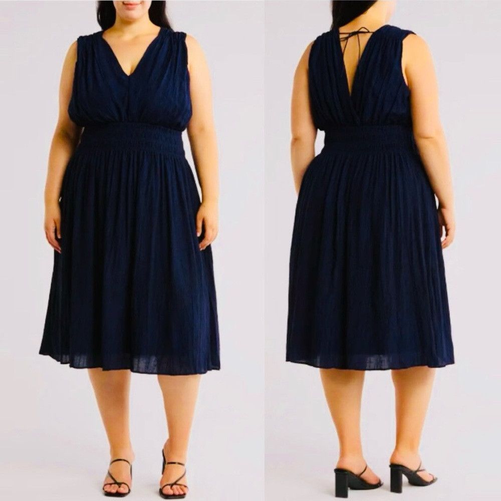 NWT New $118 Tahari Smocked Waist Crinkle Maxi Navy Dress S