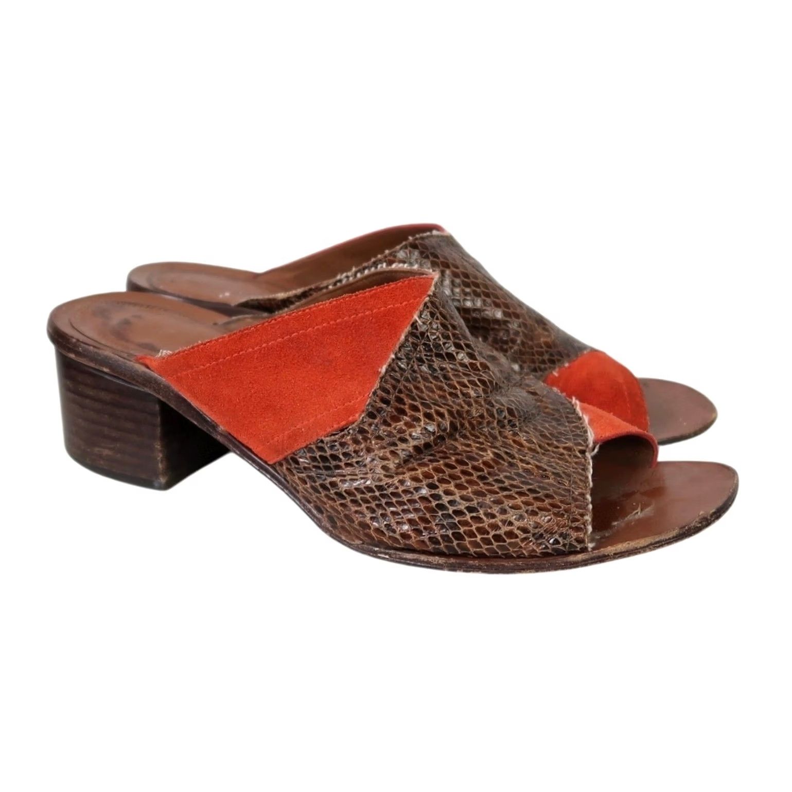Diane von Furstenberg Diane Von Furstenberg Sandal Women 7.5 Brown Snakeskin Leather Orange Suede Mule Slip-On Block Heel Size US 8 / IT 38 - 2 Thumbnail