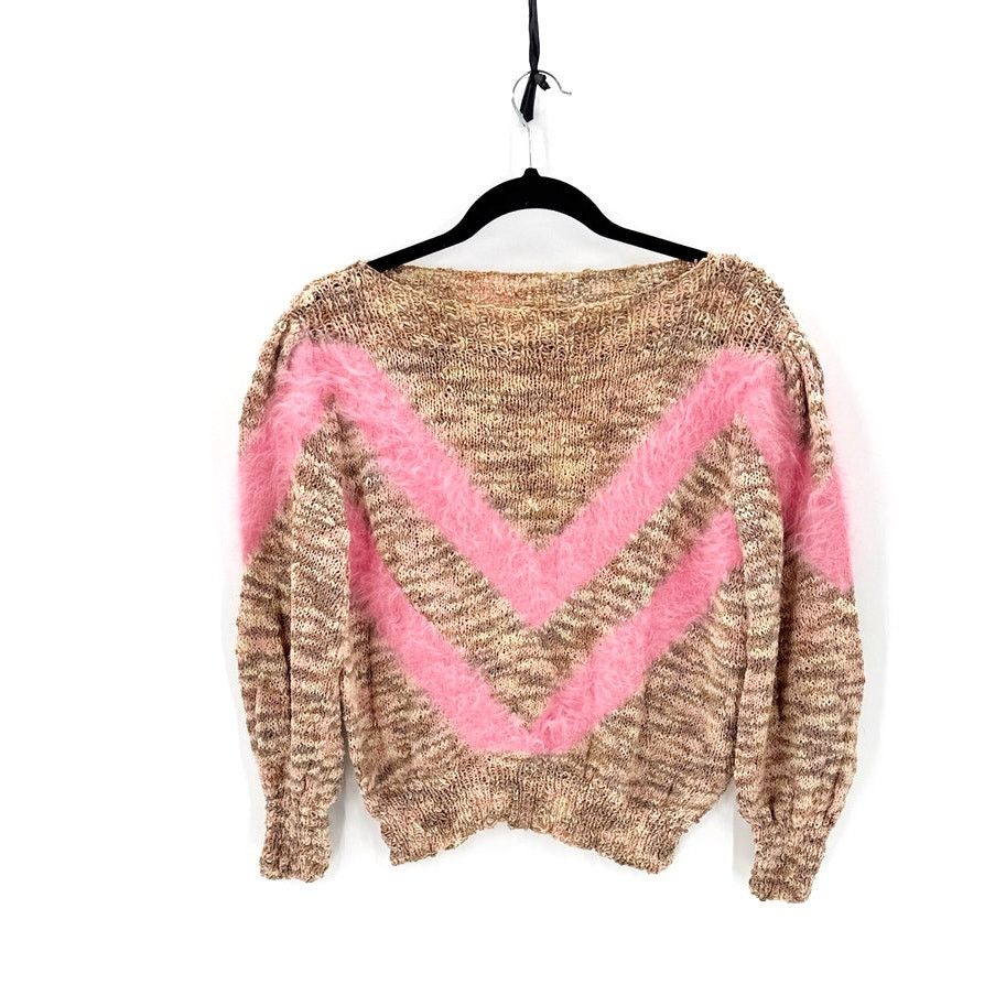 Handmade Vintage hand knit pink brown chevron sweater size S Size S / US 4 / IT 40 - 1 Thumbnail
