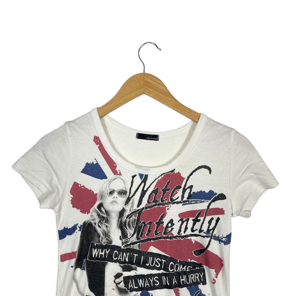 Vintage Spinkle Union Jack Graphic Baby Tee White Watch Intently Size M / US 6-8 / IT 42-44 - 2 Thumbnail