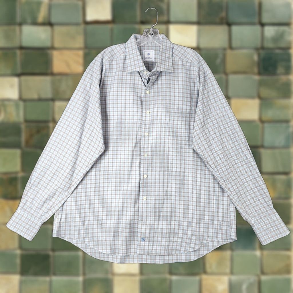 David Donahue DAVID DONAHUE Dress Shirt Mens Gray Blue Plaid Long Sleeve 2XL Cotton Shirt Size 2XL Mens Size 48R - 1 Thumbnail