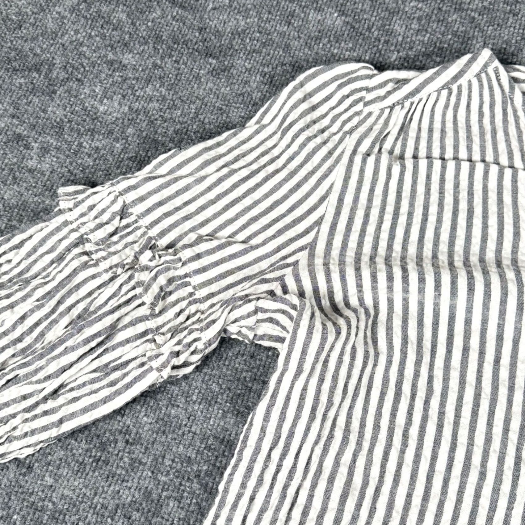 Vintage Beach Lunch Lounge Button-Up Blouse Striped Ruffle Puff Sleeve V-Neck White Medium Women Shirt Tunic Resort Beach Linen Blend Size M / US 6-8 / IT 42-44 - 6 Thumbnail