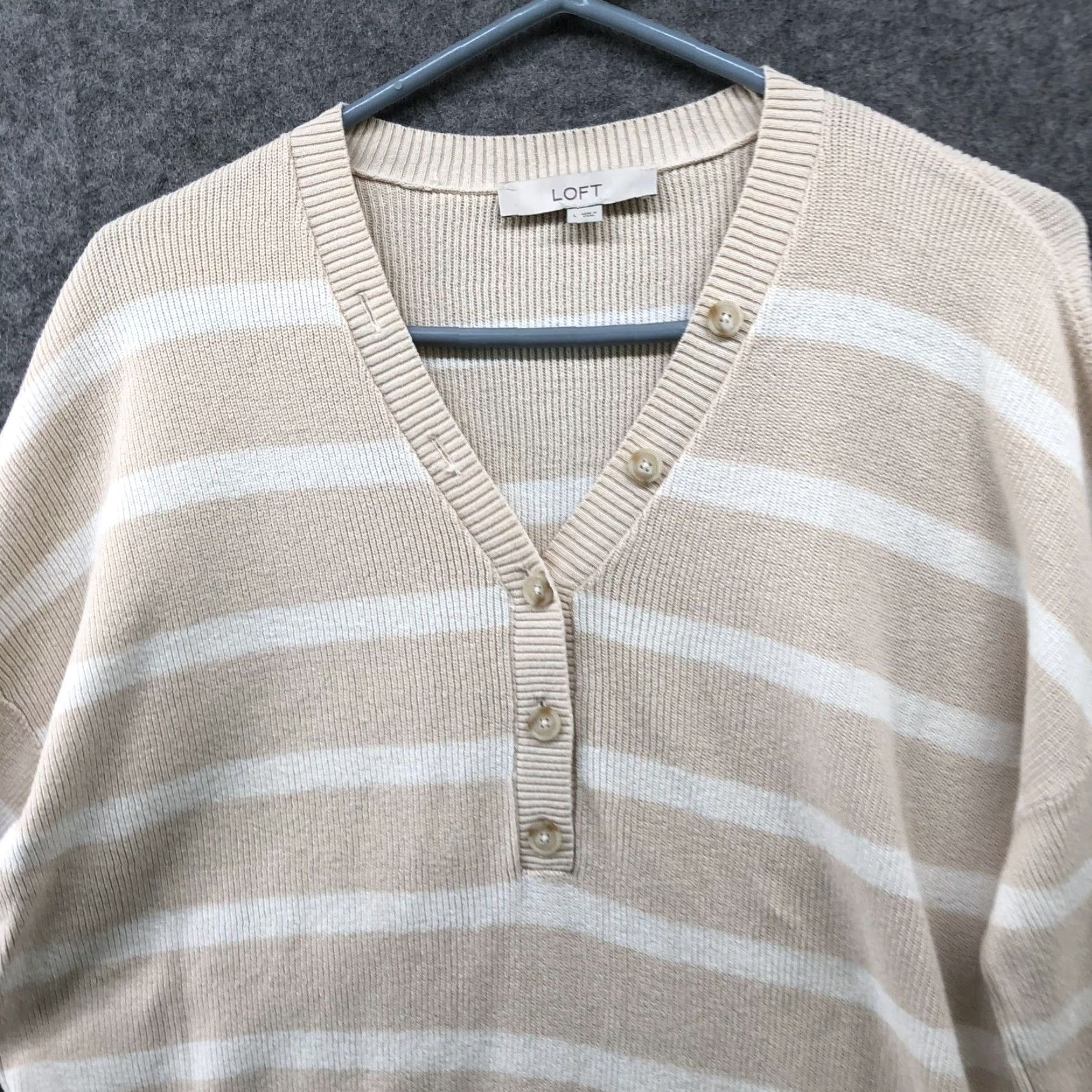 Loft Loft Sweater Womens L 1/4 Button Beige White Striped Cotton Pullover V-Neck Shirt Size L / US 10 / IT 46 - 3 Thumbnail