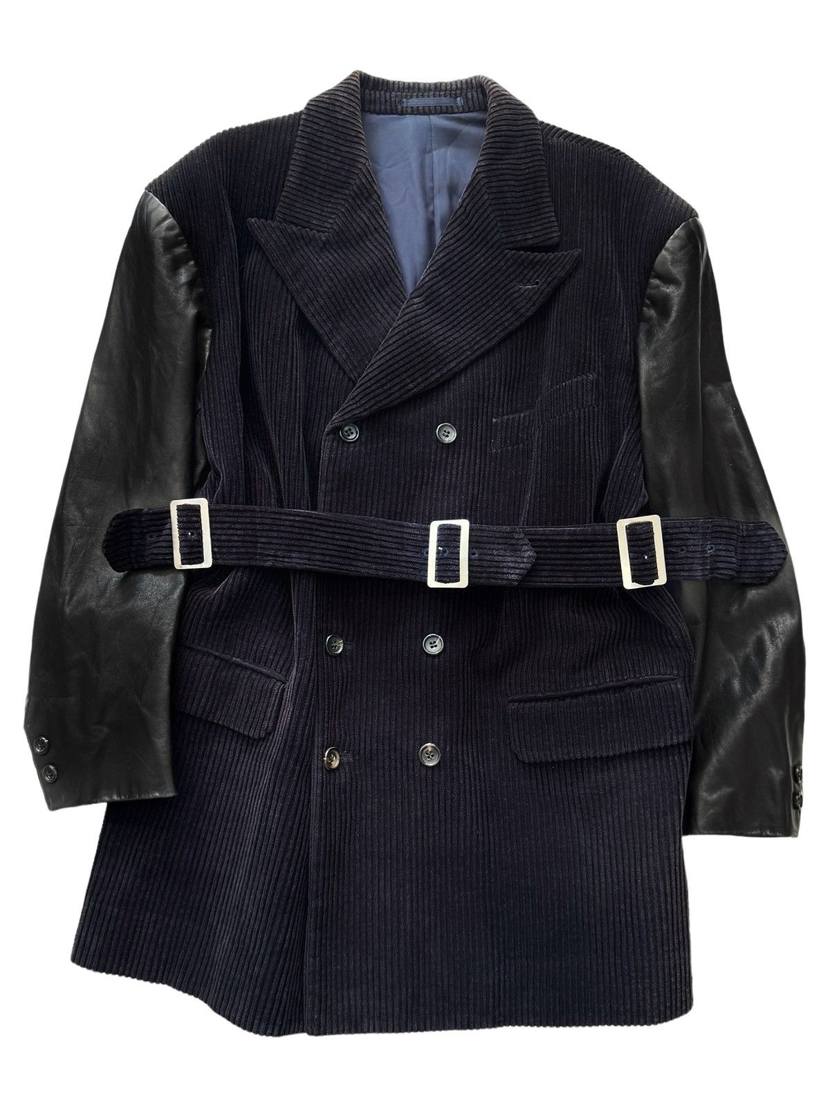 Pre-owned Comme Des Garcons X Comme Des Garcons Homme Aw1987 Hybrid Runway Buckles Corduroy Leather Coat In Navy
