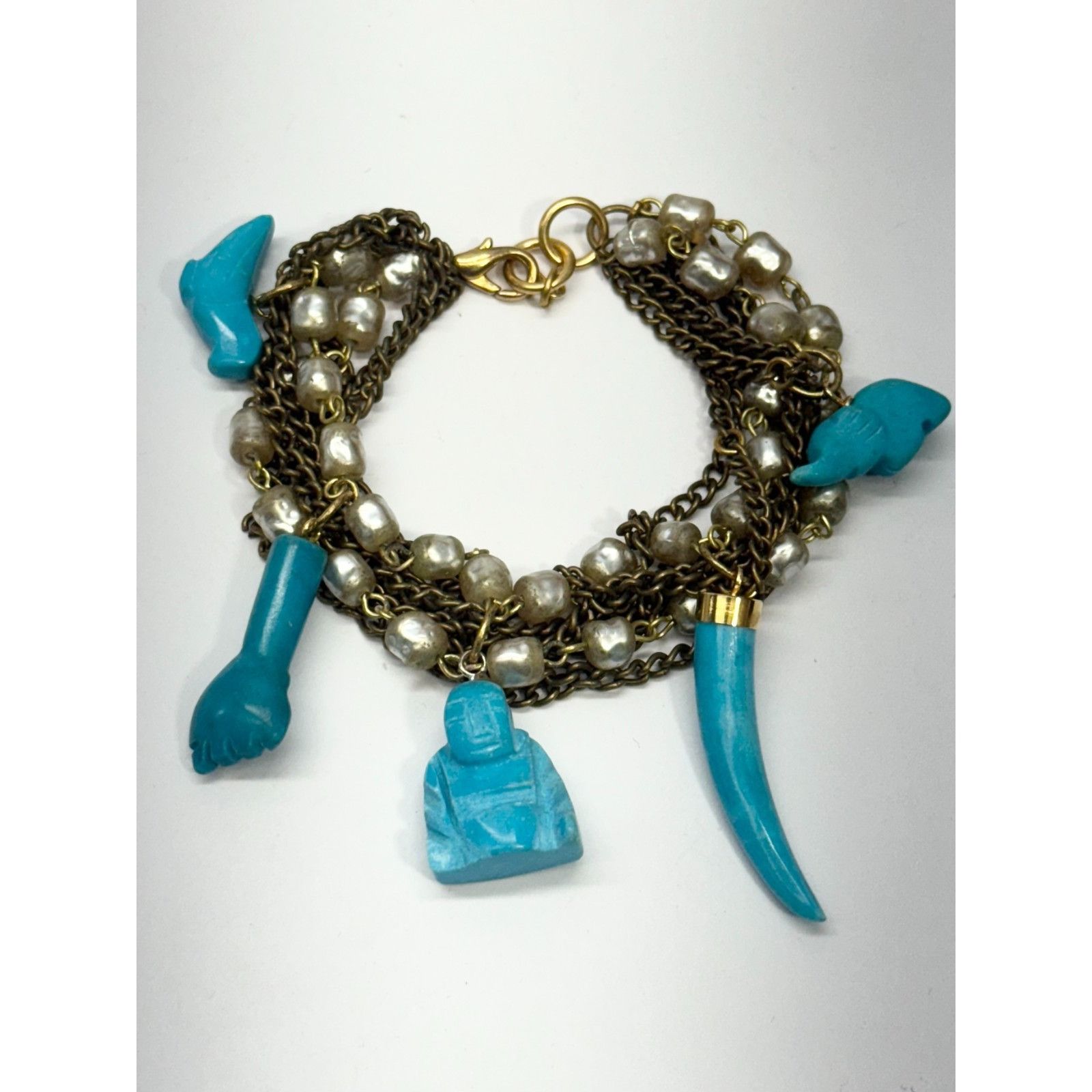 Vintage multi chain pearl semi precious stone charm bracelet