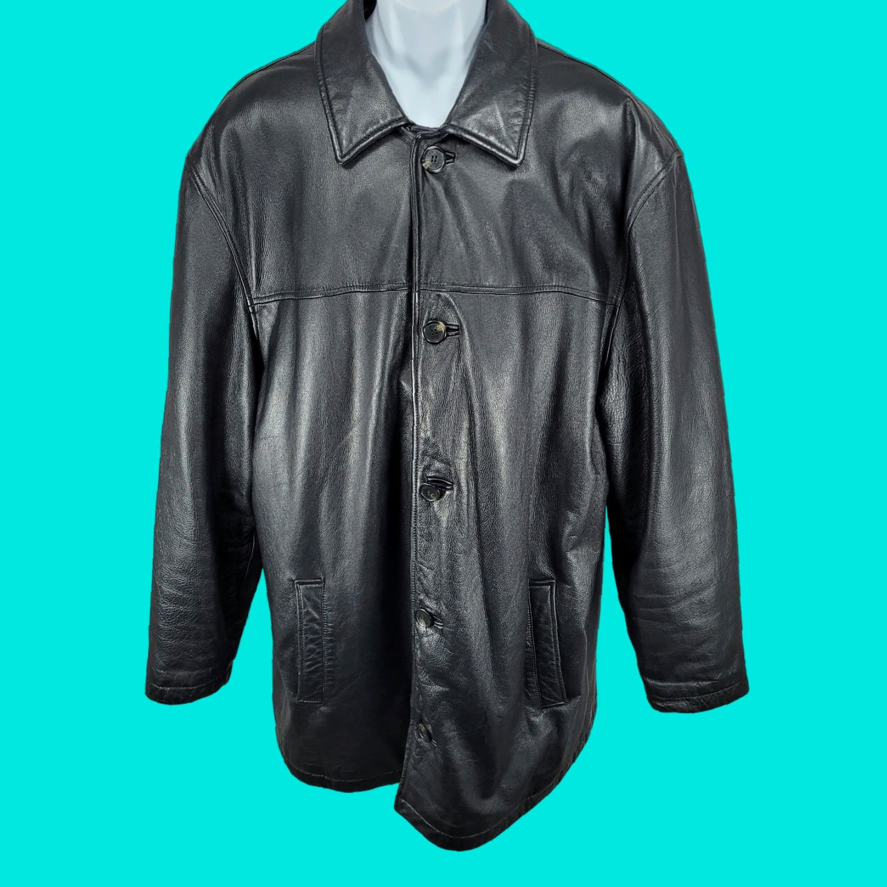 Dockers DOCKERS Black Leather Jacket XL Buttoned Collared Pockets Mid-Length Mens Size US XL / EU 56 / 4 - 1 Thumbnail