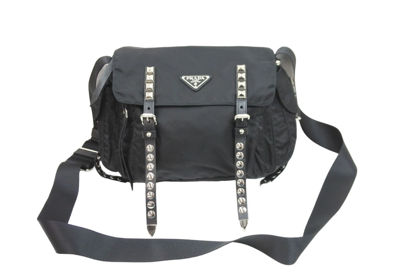 image of Prada Shoulder Bag Leather Black Silver, Women's