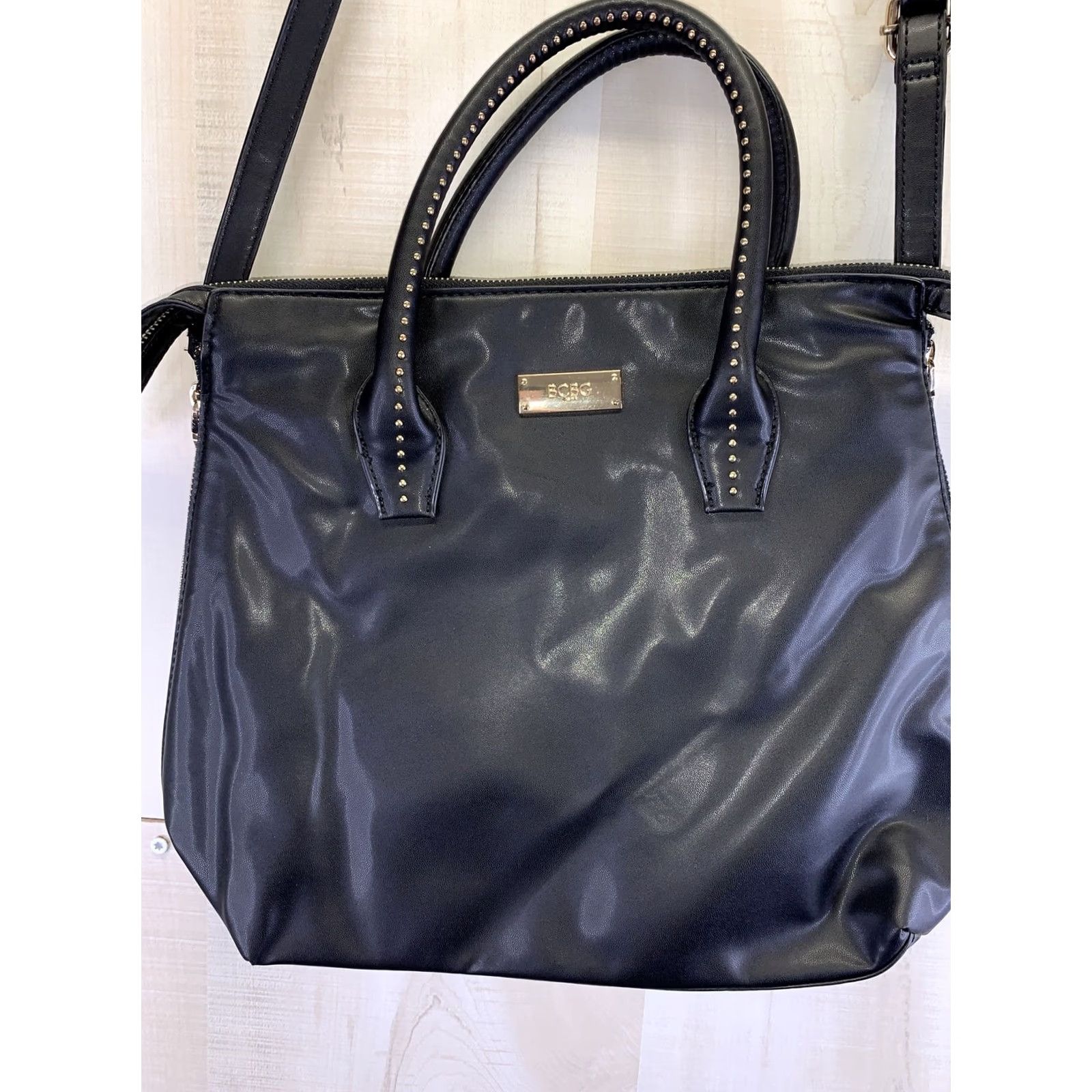 Bcbgmaxazria BCBGMAXAZRIA Satchel/Top Handle Bag Womens Purse Black Faux Leather Gold Studded Double Handles Medium Size ONE SIZE - 4 Thumbnail
