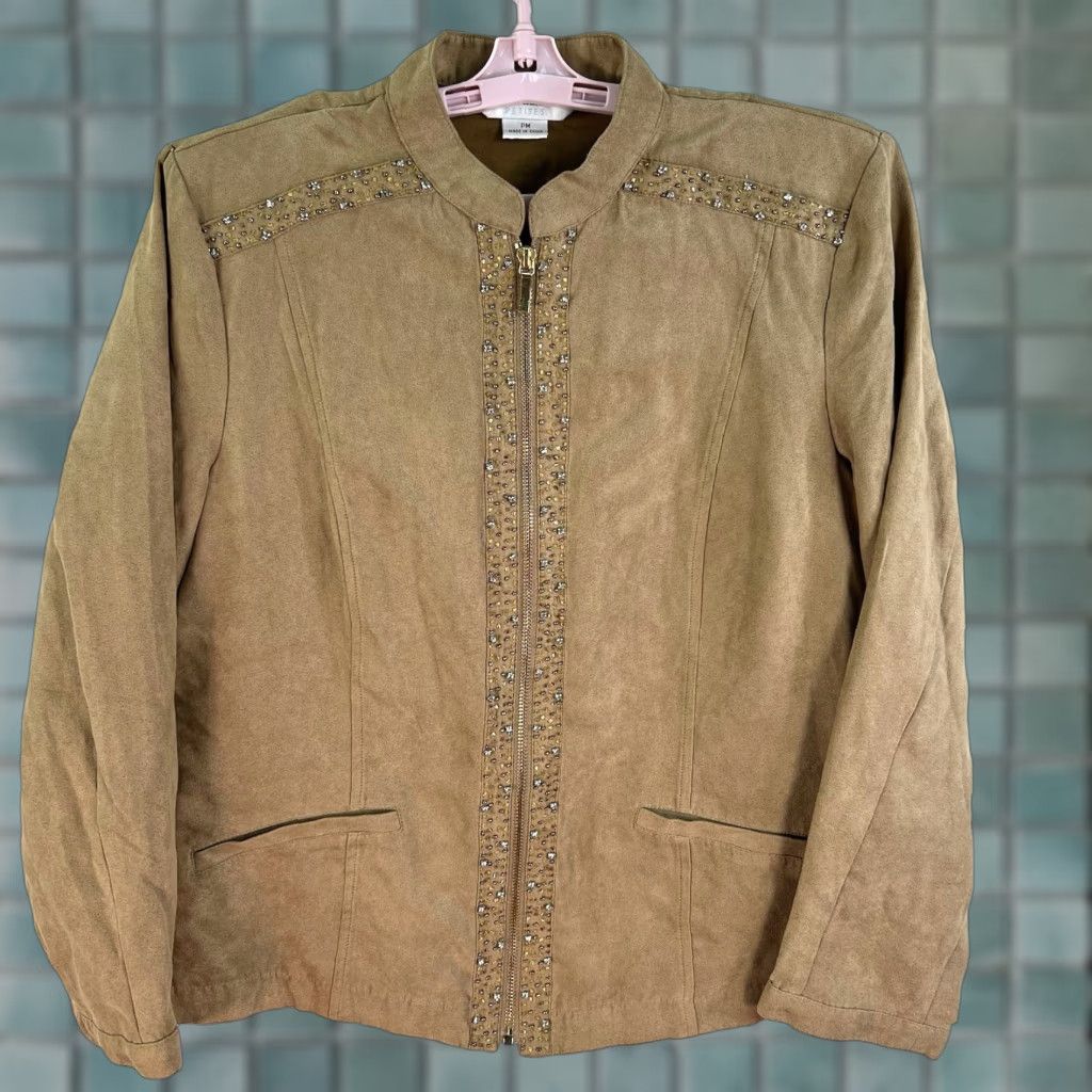 Vintage Draper's & Damon's Tan Vegan Suede Zip Up Embellished Diamond Casual Jacket PM - Women - Blazer - Military - Brown - Petites - Size PM Size M / US 6-8 / IT 42-44 - 1 Thumbnail