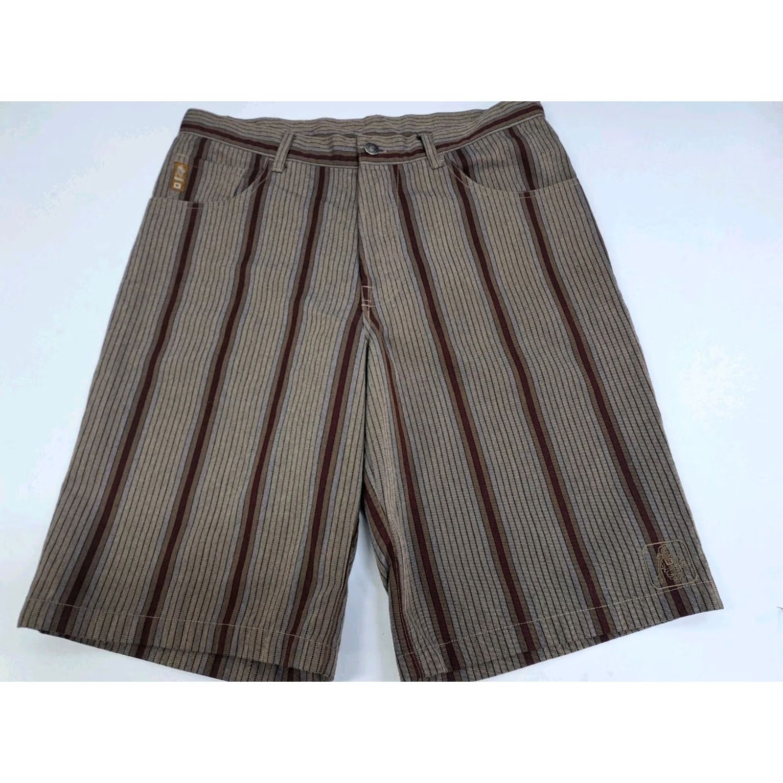 Katin Katin Surf Co Bermuda Shorts Mens 33 Brown/Maroon Striped Button Pocket Embroidered 11in Inseam Regular Fit Beach Size US 33 - 2 Thumbnail