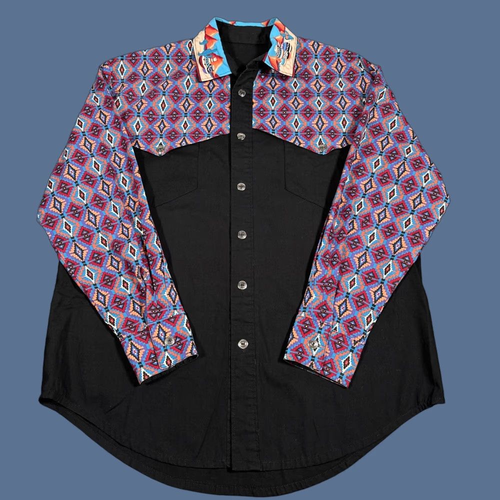 VINTAGE Unbranded Southwestern Aztec Button-Up Shirt Mens XL Black Multicolor Long Sleeve Western