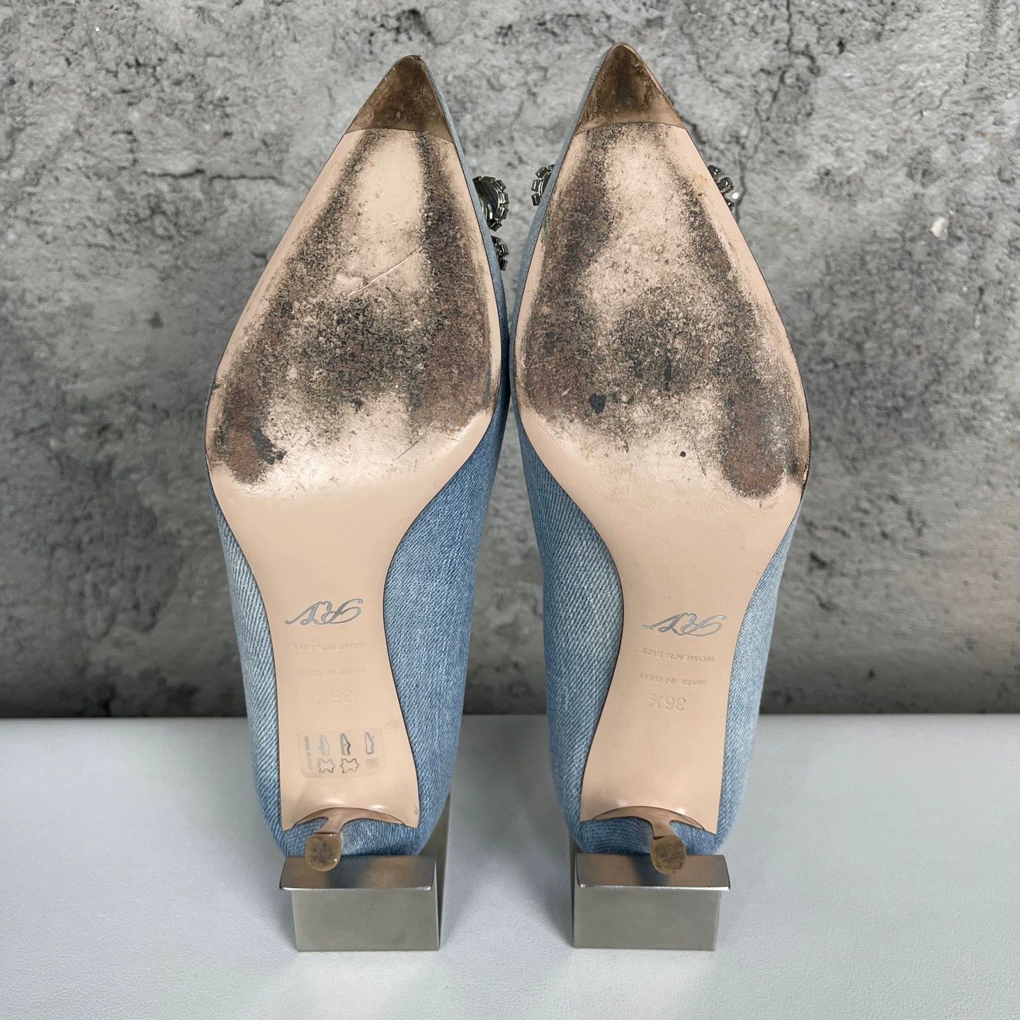 Roger Vivier RV Crystal Buckle Denim Pointed-Toe Women's Heels Size US 6 / IT 36 - 8 Thumbnail